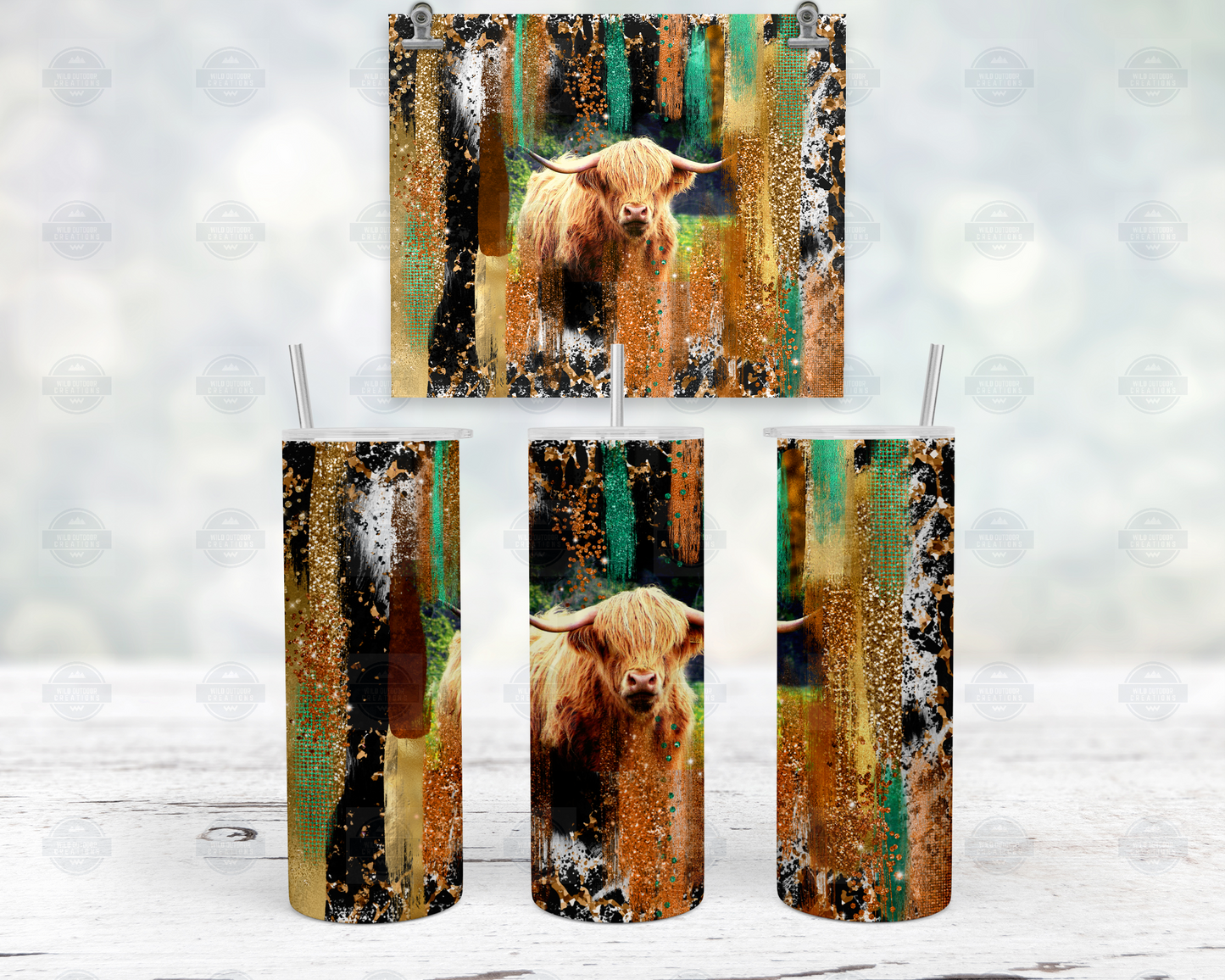 Highland Cow 20oz Skinny Tumbler with Straw Lid - Brush Stroke Design