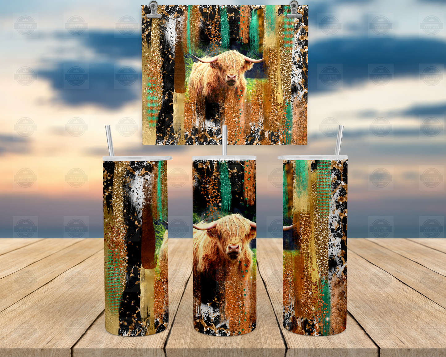 Highland Cow 20oz Skinny Tumbler with Straw Lid - Brush Stroke Design