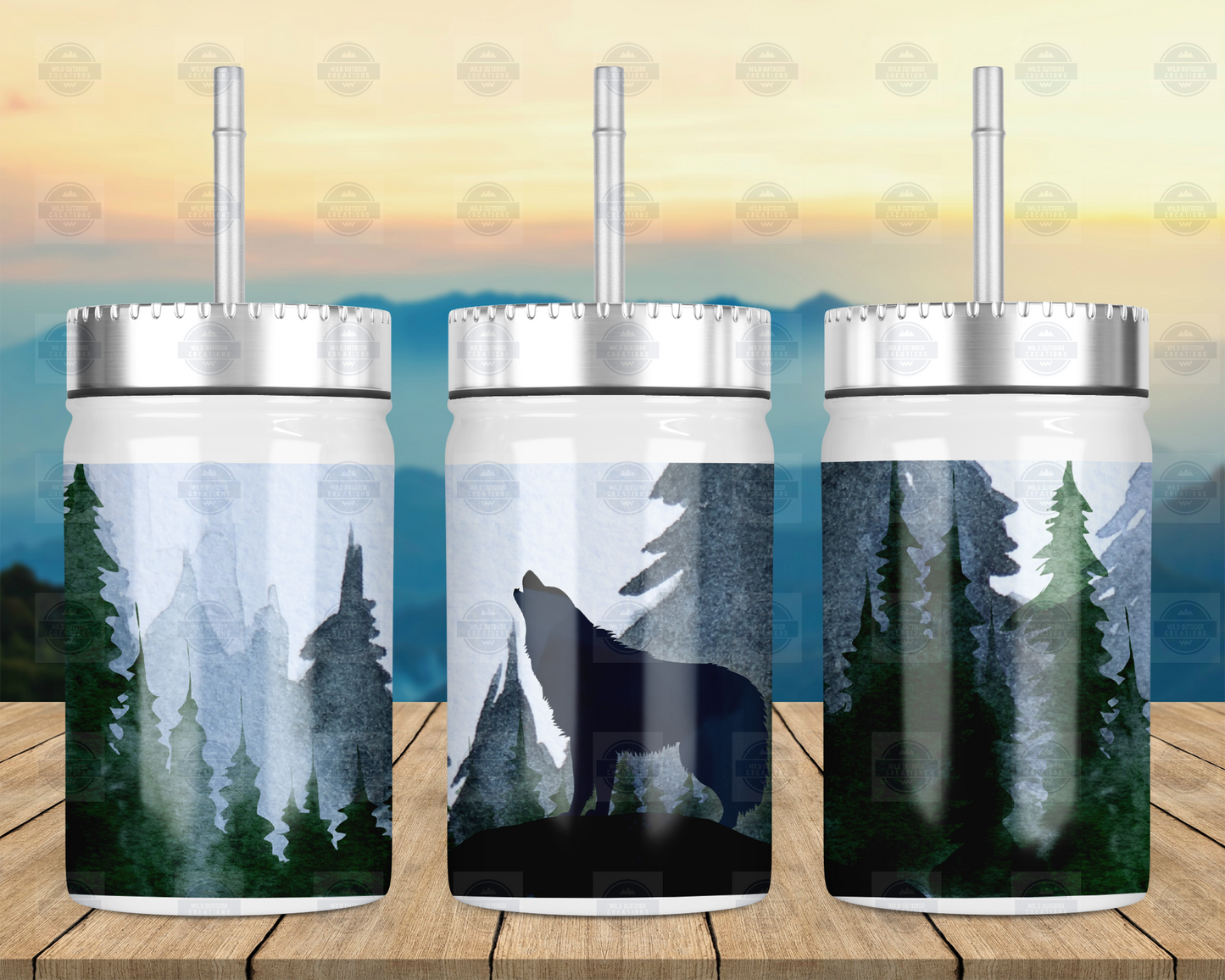 17oz Mason Jar Tumbler with Straw Lid - Outdoorsy Lonely Wolf Design for Nature Lovers