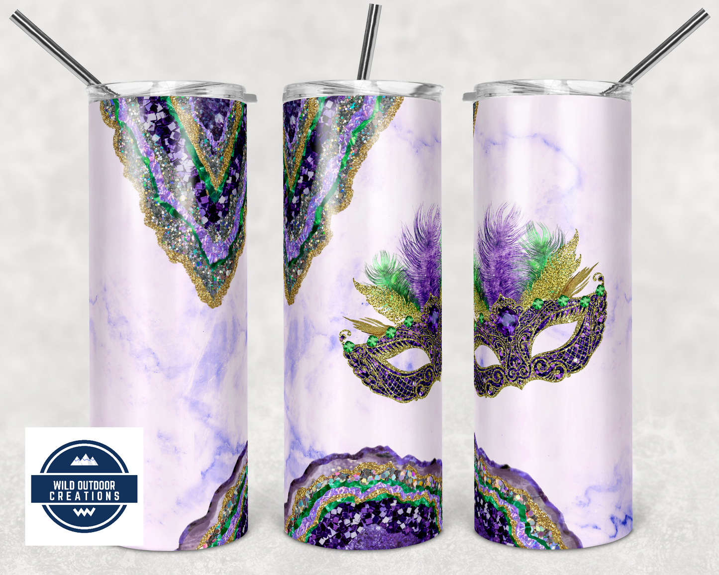 Marid Gras Mask 20 oz Tumbler, 20 oz Skinny Tumbler, To go cup with lid, Travel Coffee Mug - Wild Outdoor Creations
