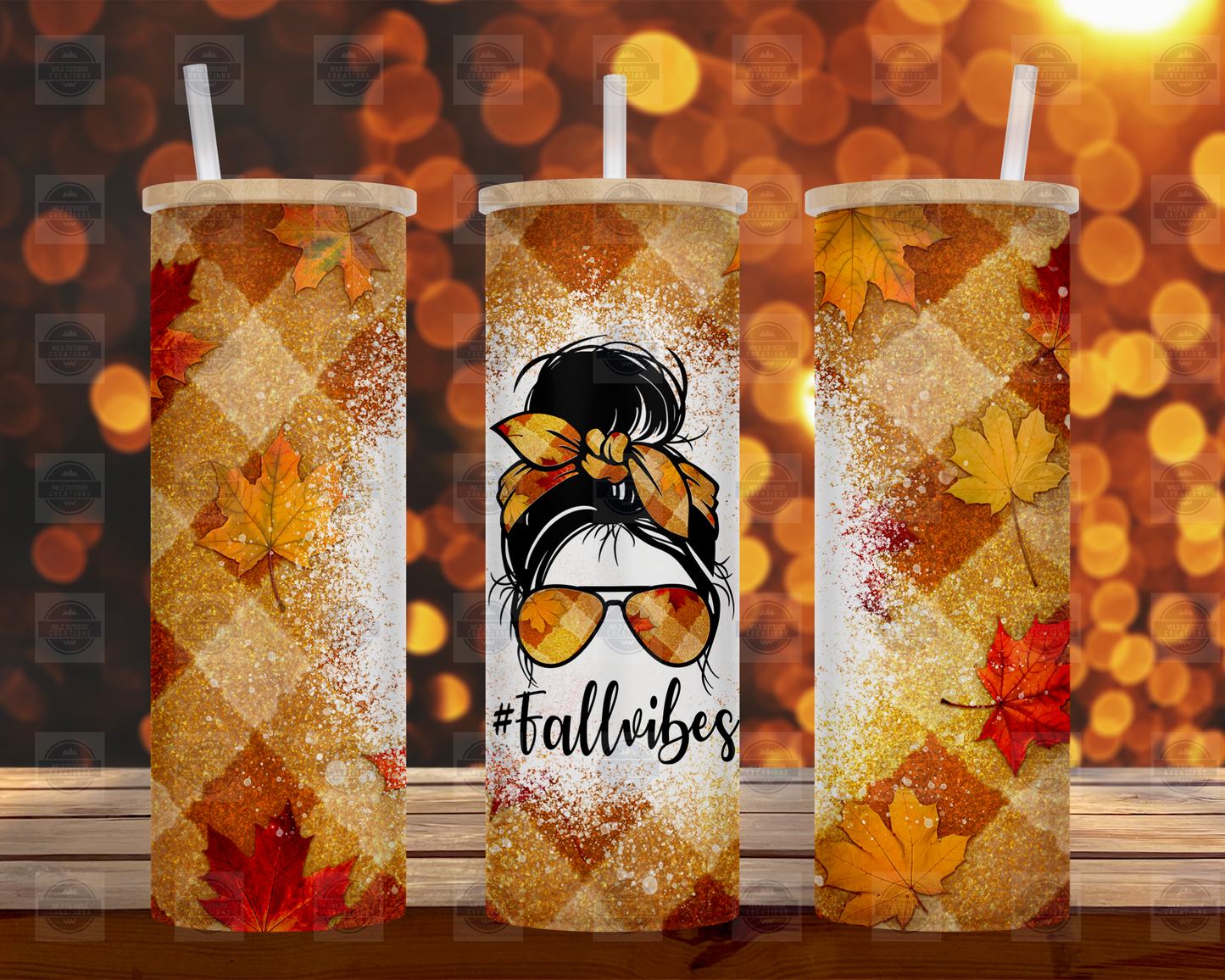 Fall Vibes Messy Bun 25oz Glass Tumbler Cup with Straw and Lid