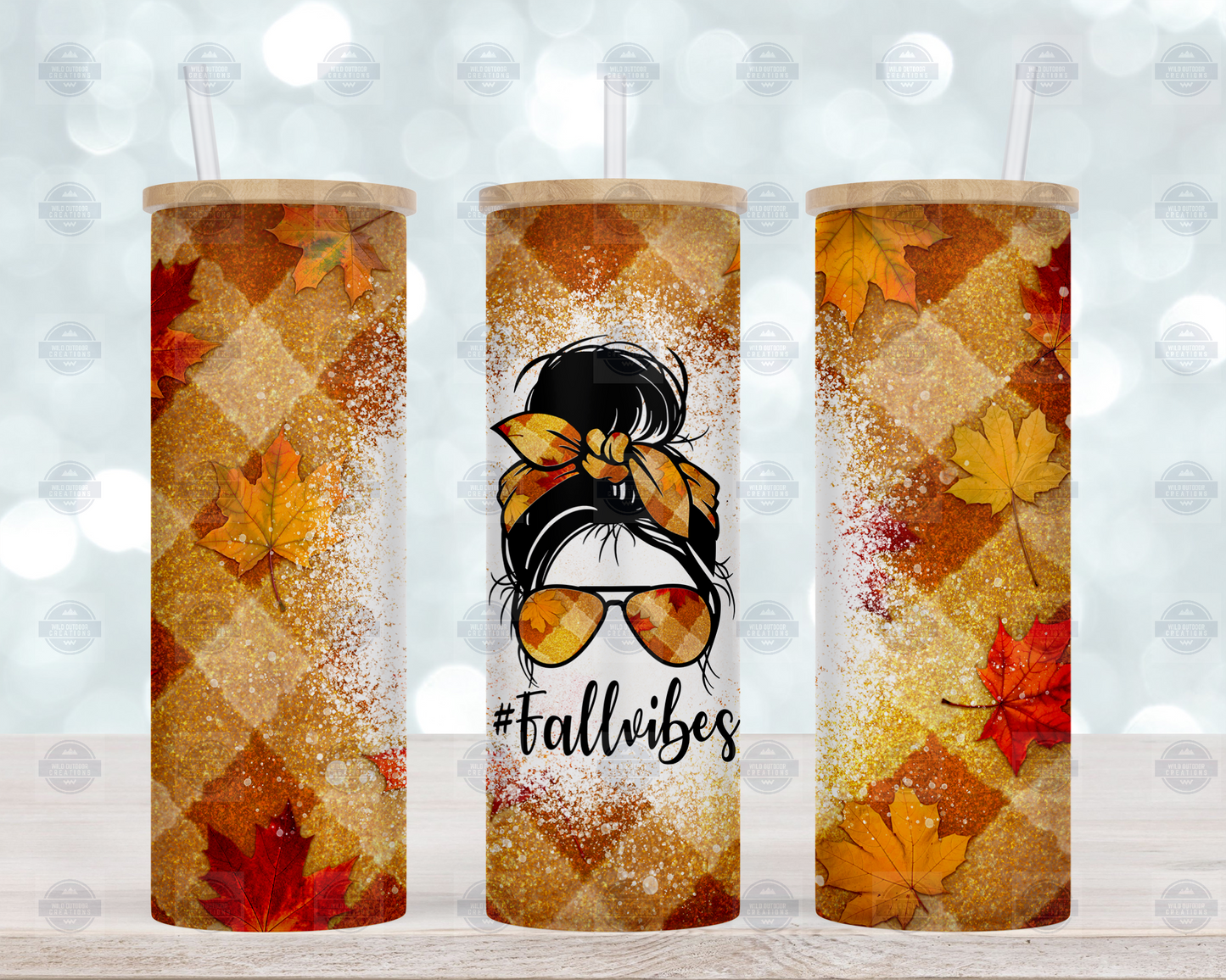 Fall Vibes Messy Bun 25oz Glass Tumbler Cup with Straw and Lid
