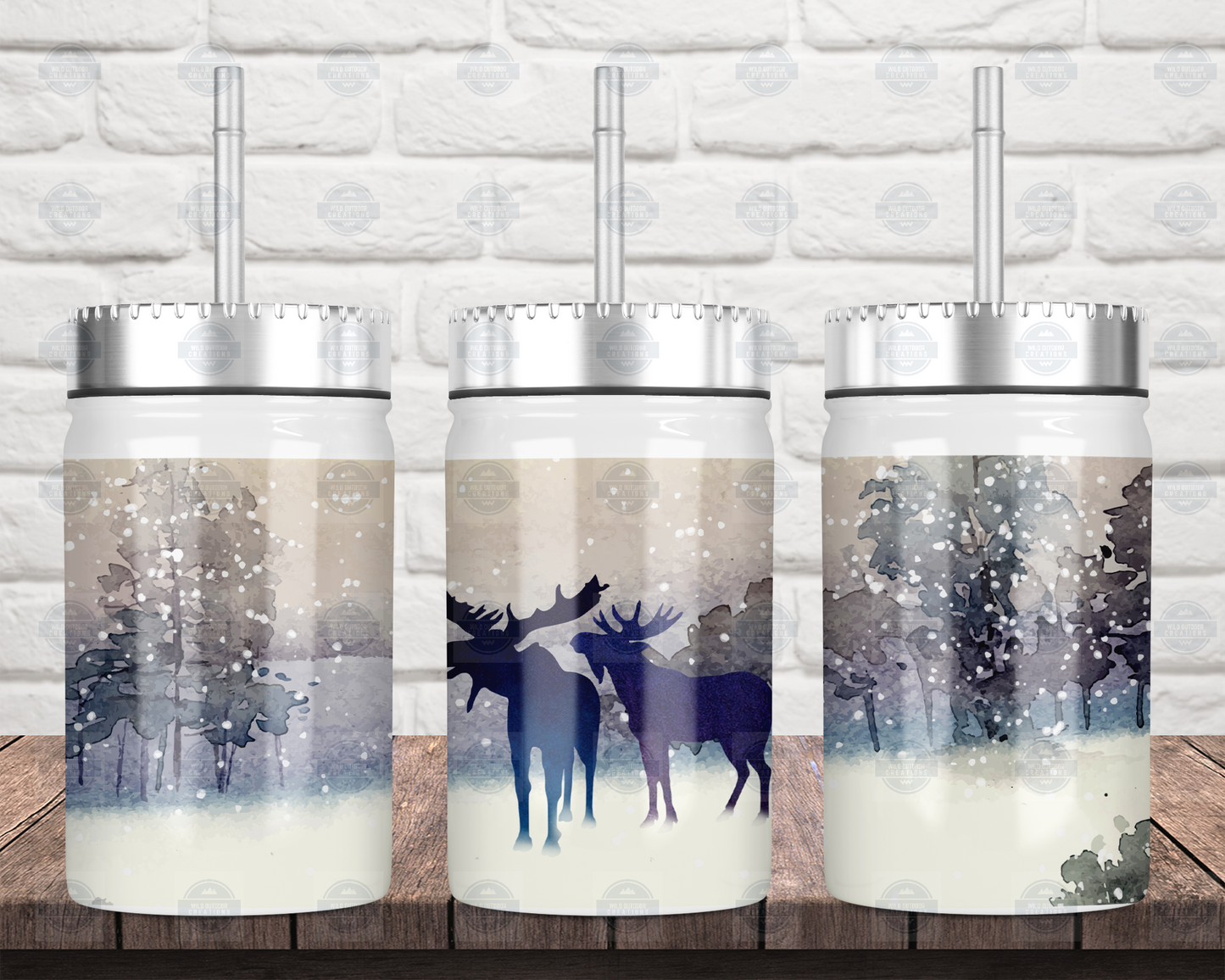 Moose Winter Scene 17oz Mason Jar Tumbler with Lid Straw - Perfect for Hot Cold Beverages