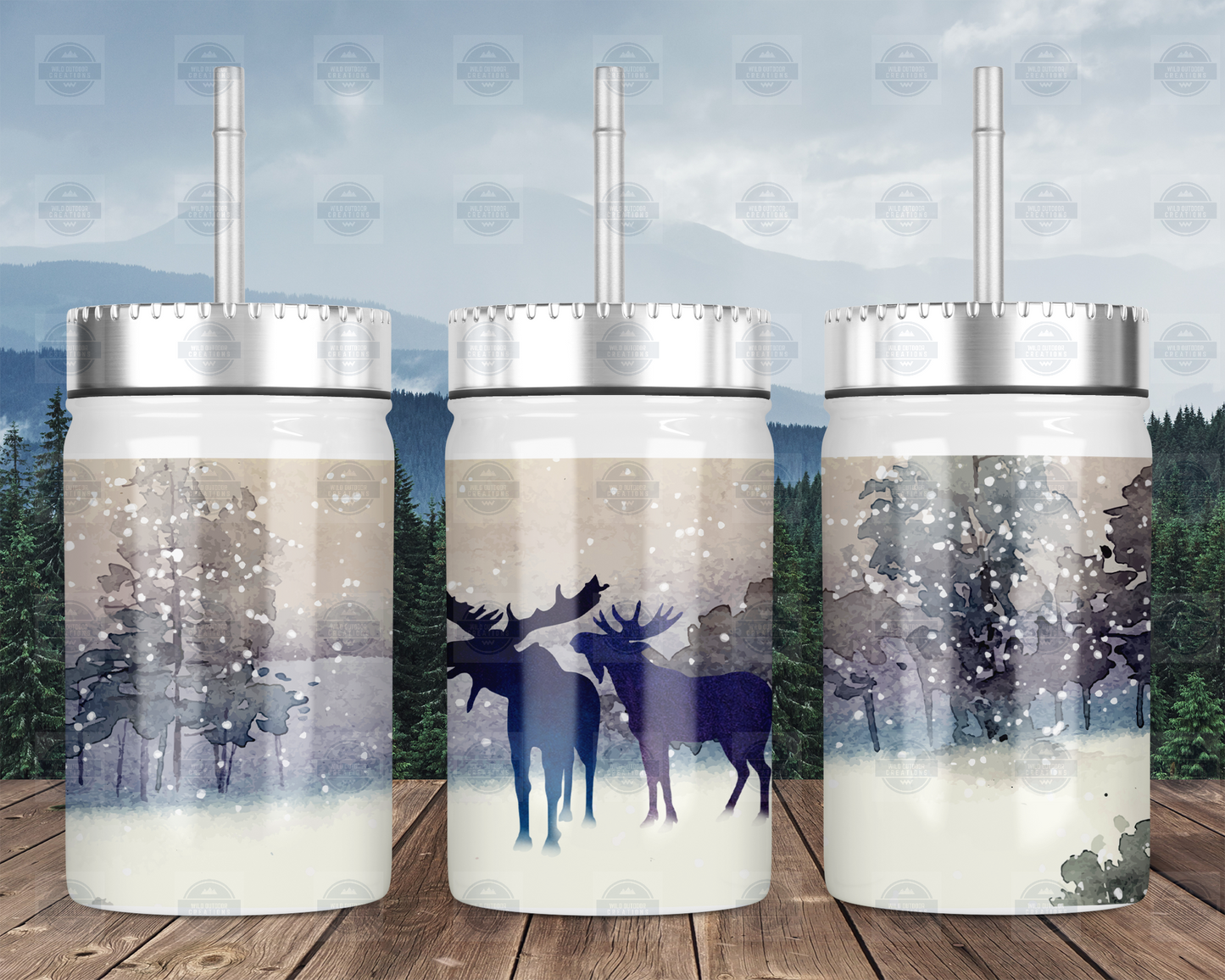 Moose Winter Scene 17oz Mason Jar Tumbler with Lid Straw - Perfect for Hot Cold Beverages