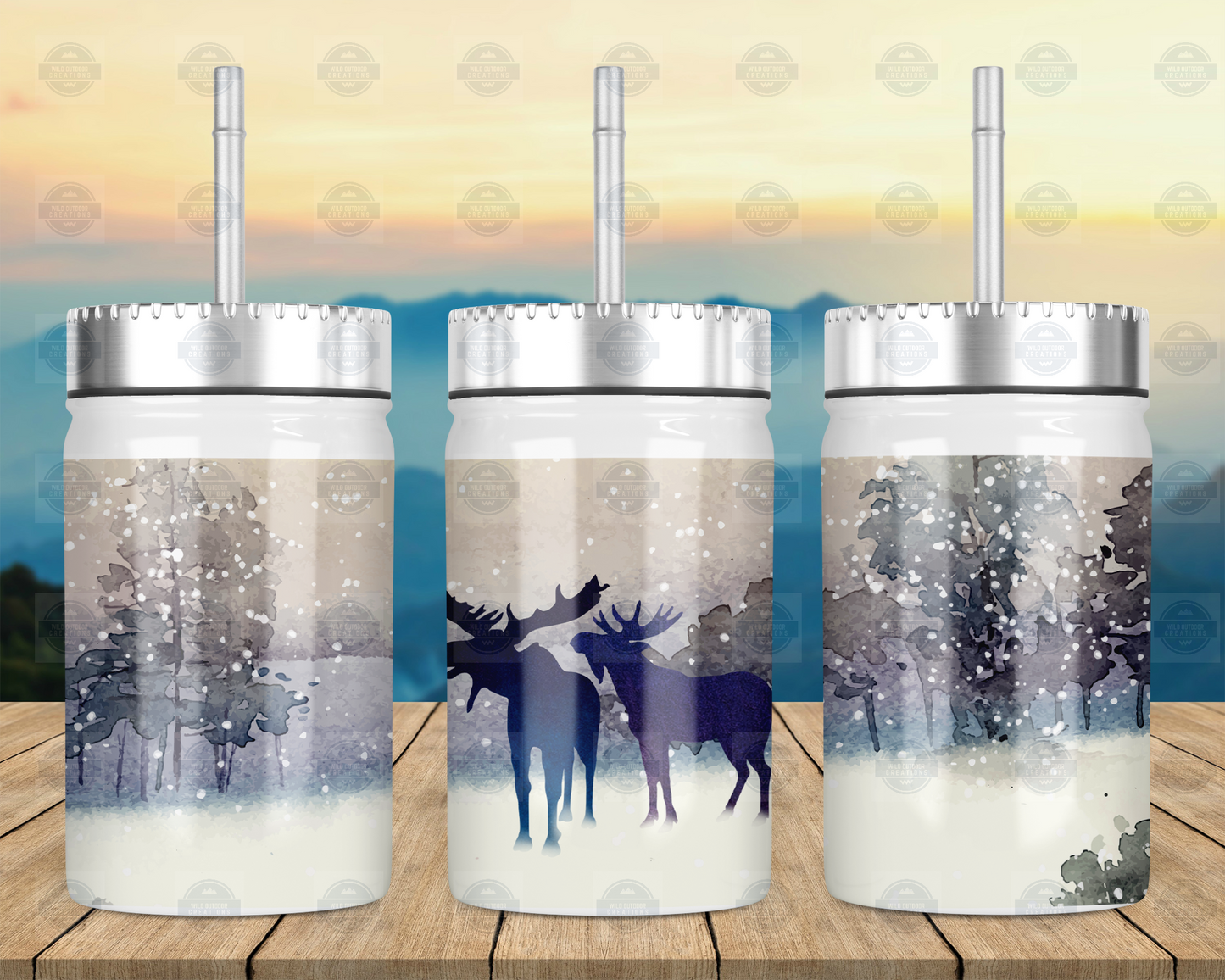 Moose Winter Scene 17oz Mason Jar Tumbler with Lid Straw - Perfect for Hot Cold Beverages