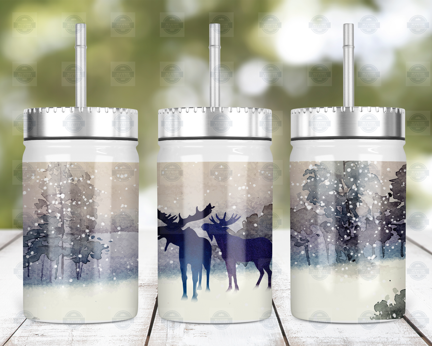 Moose Winter Scene 17oz Mason Jar Tumbler with Lid Straw - Perfect for Hot Cold Beverages