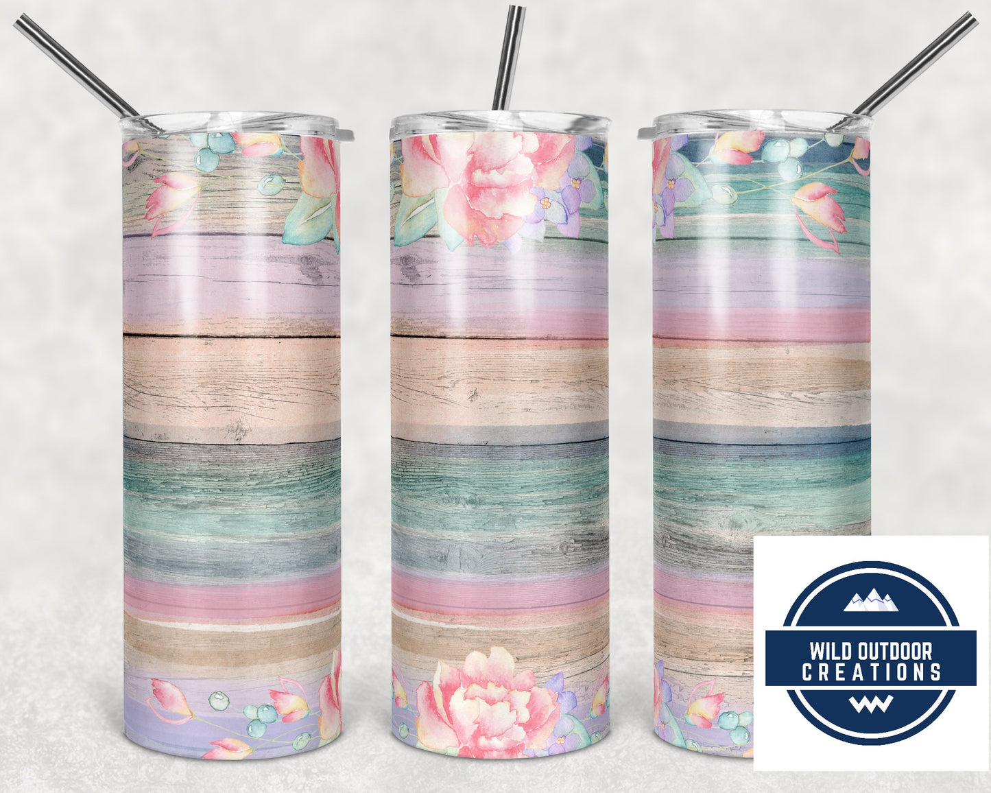 20oz Skinny Tumbler - Pastel Wood Grain Floral Design