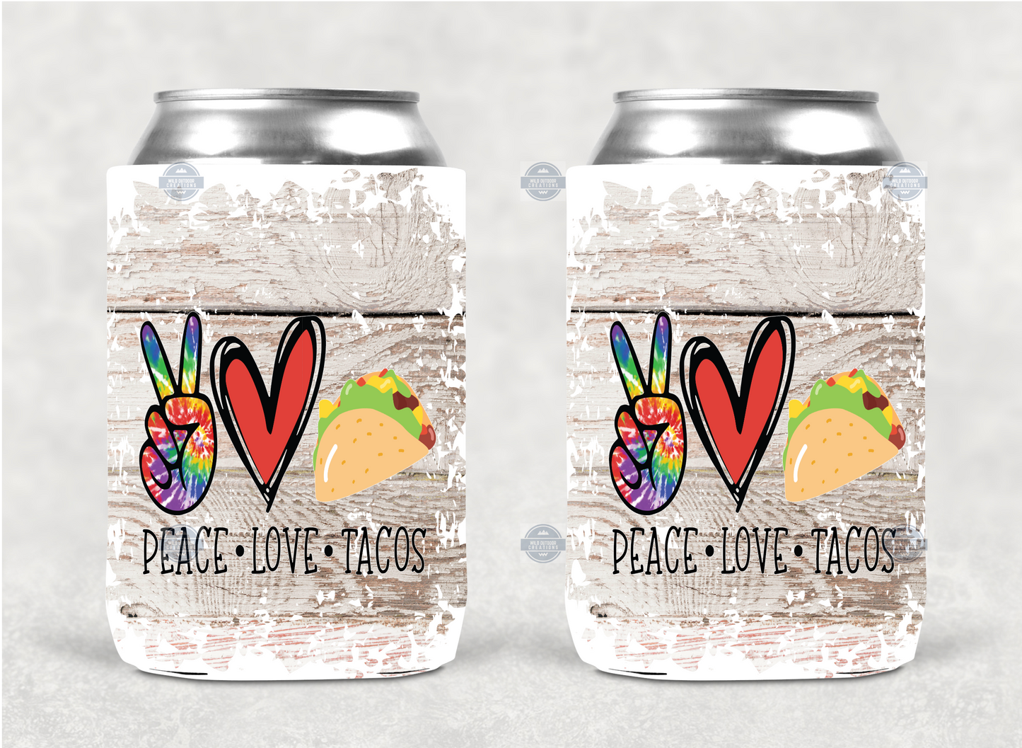 12oz Can Cooler - Peace Love Tacos Design for Fun Outdoor Events