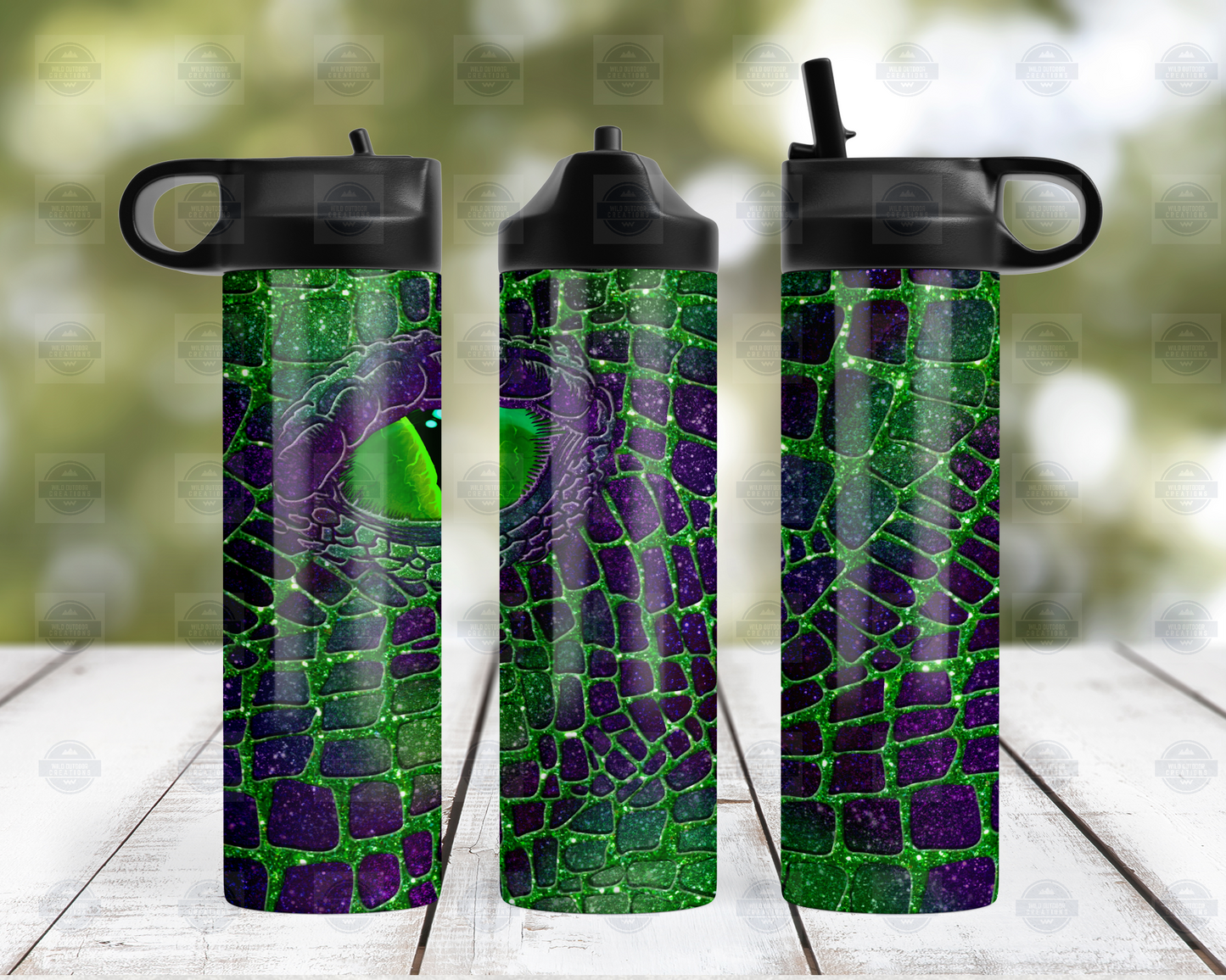 20oz Travel Water Bottle with Green and Purple Dragon Eye Design
