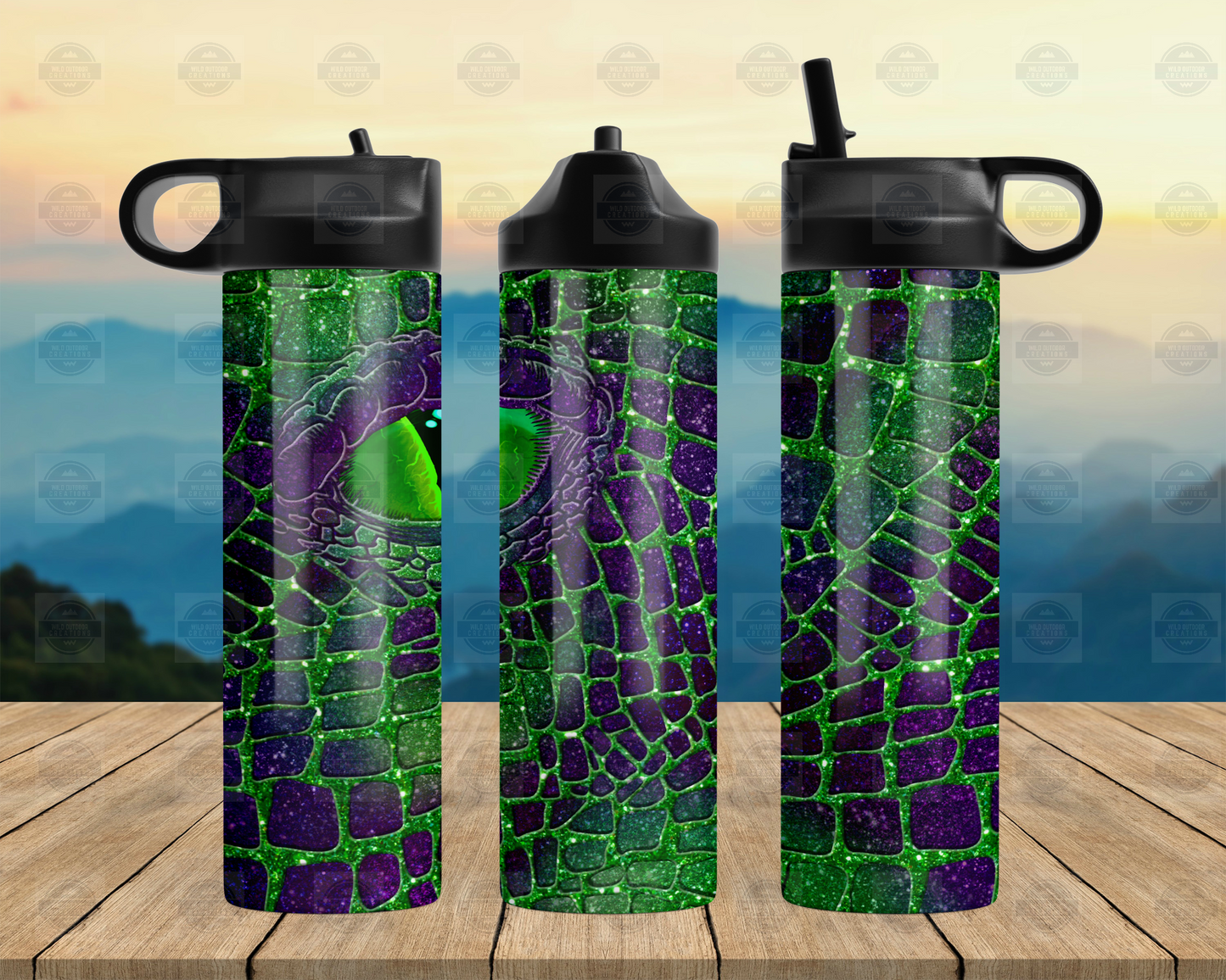 20oz Travel Water Bottle with Green and Purple Dragon Eye Design