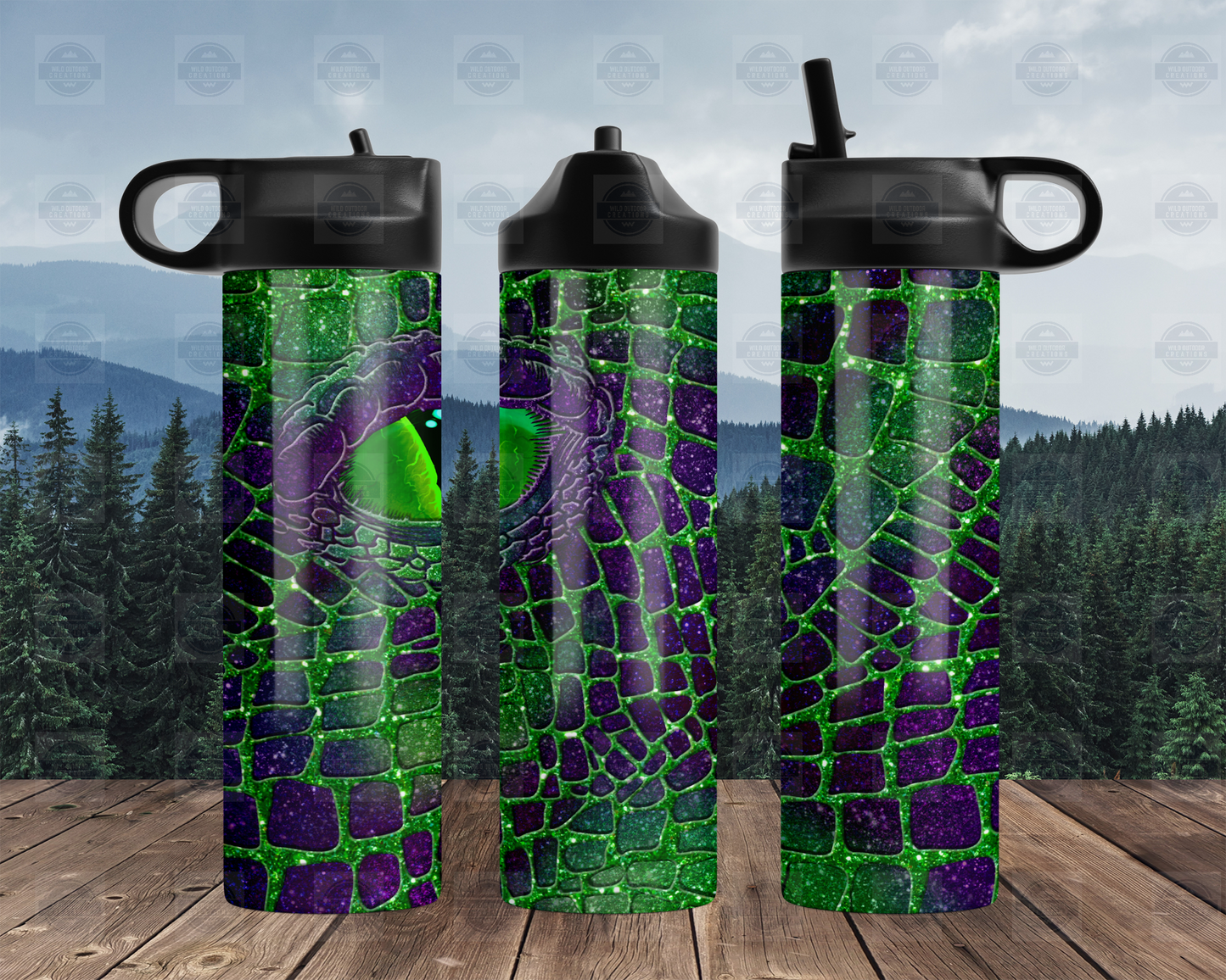 20oz Travel Water Bottle with Green and Purple Dragon Eye Design