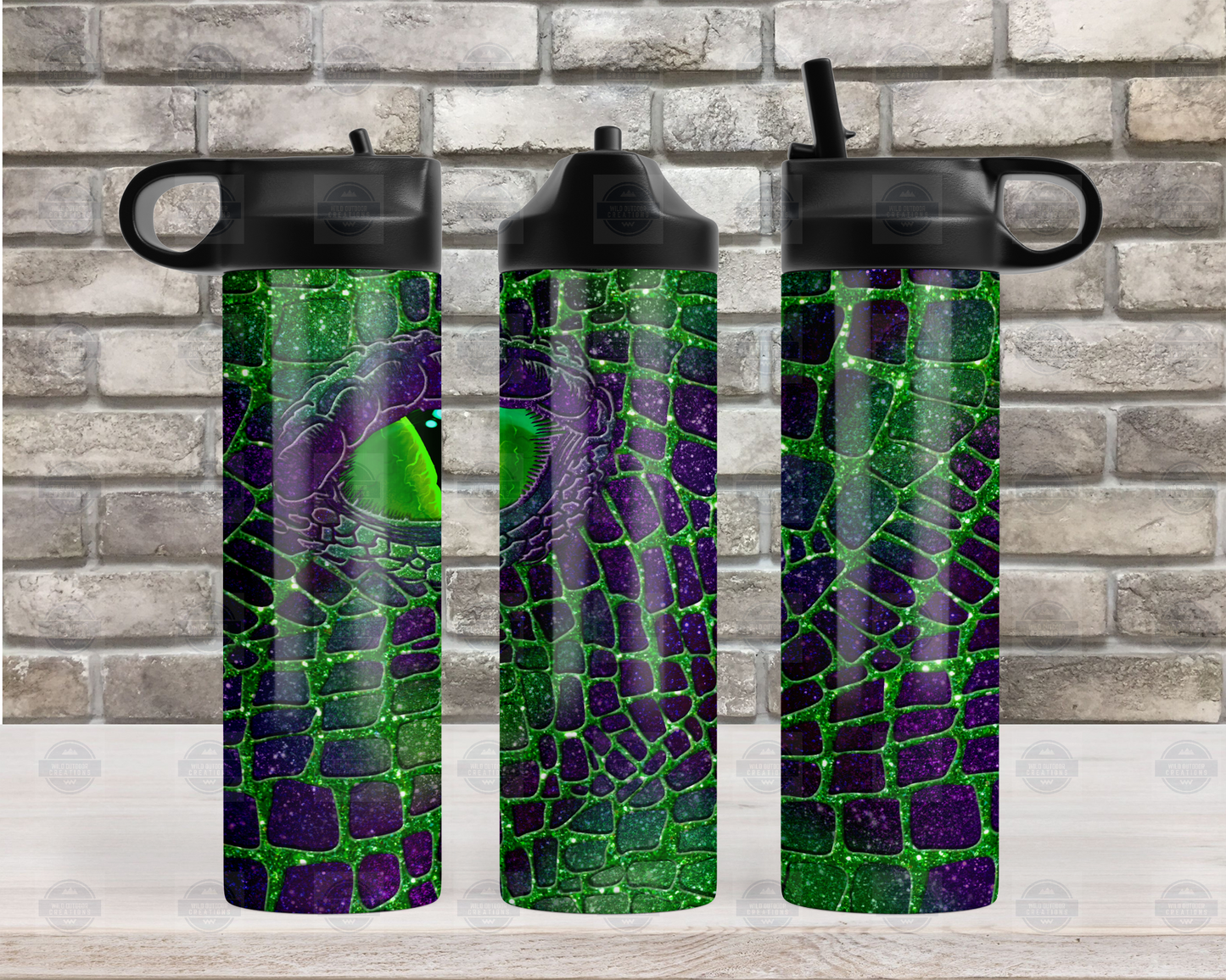 20oz Travel Water Bottle with Green and Purple Dragon Eye Design