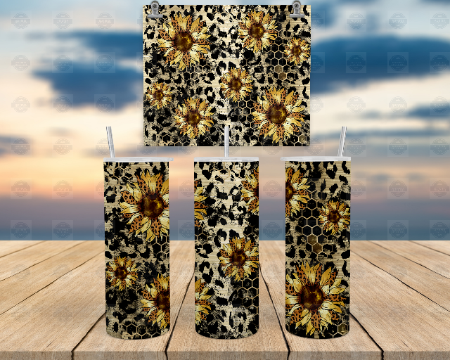 20oz Skinny Tumbler - Sunflower Leopard Grunge Design