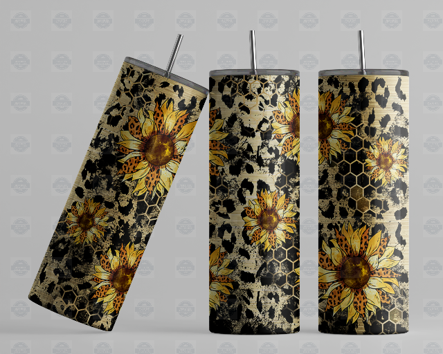 20oz Skinny Tumbler - Sunflower Leopard Grunge Design