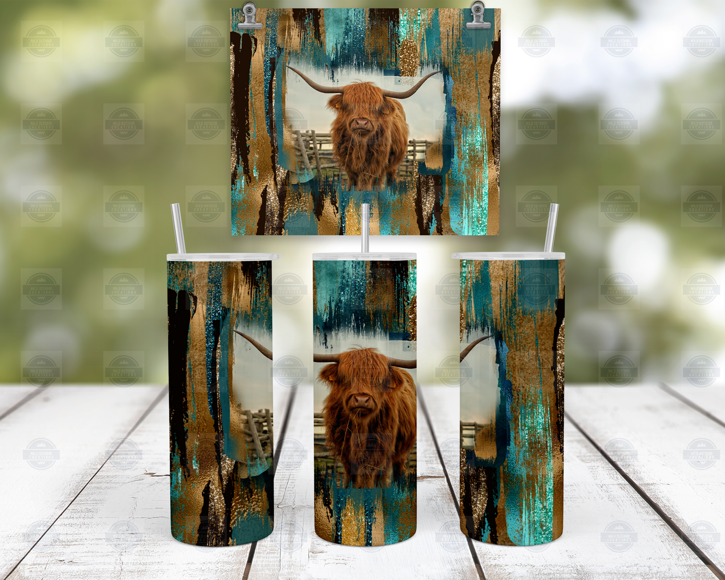 Highland Cow Teal Brushstroke 20oz Skinny Tumbler with Straw Lid