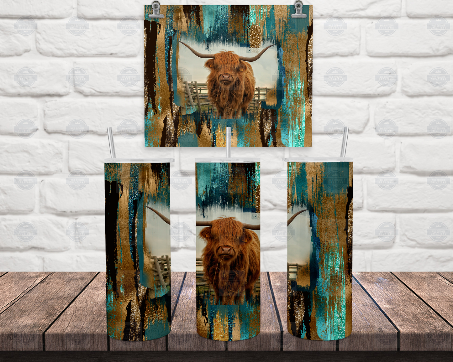 Highland Cow Teal Brushstroke 20oz Skinny Tumbler with Straw Lid