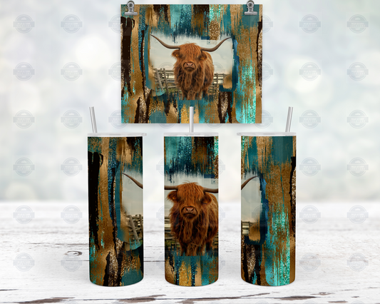Highland Cow Teal Brushstroke 20oz Skinny Tumbler with Straw Lid