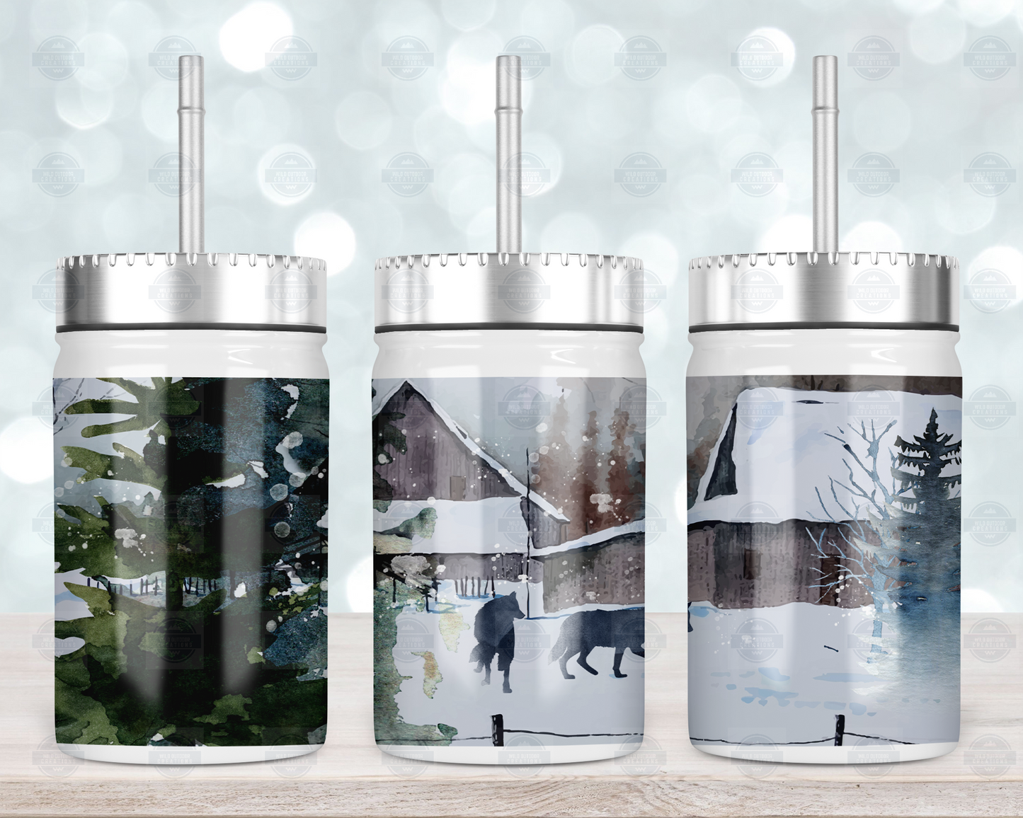 17oz Mason Jar with Straw Lid - Winter Wolf Design for Outdoor Fun and Hydration