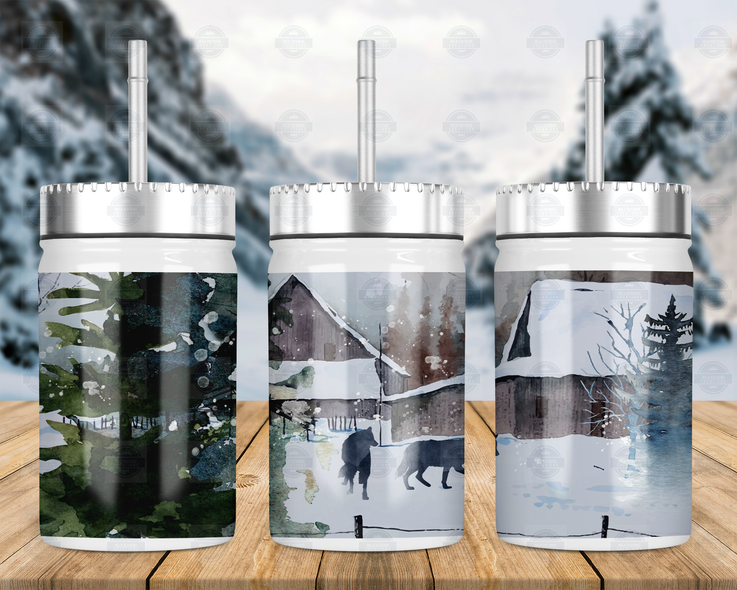 17oz Mason Jar with Straw Lid - Winter Wolf Design for Outdoor Fun and Hydration