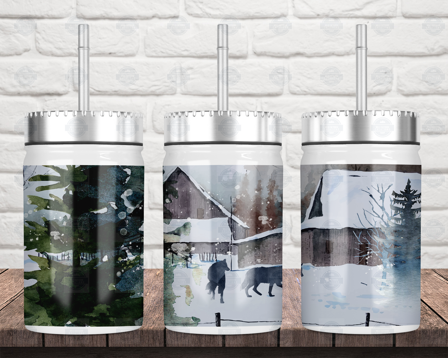 17oz Mason Jar with Straw Lid - Winter Wolf Design for Outdoor Fun and Hydration