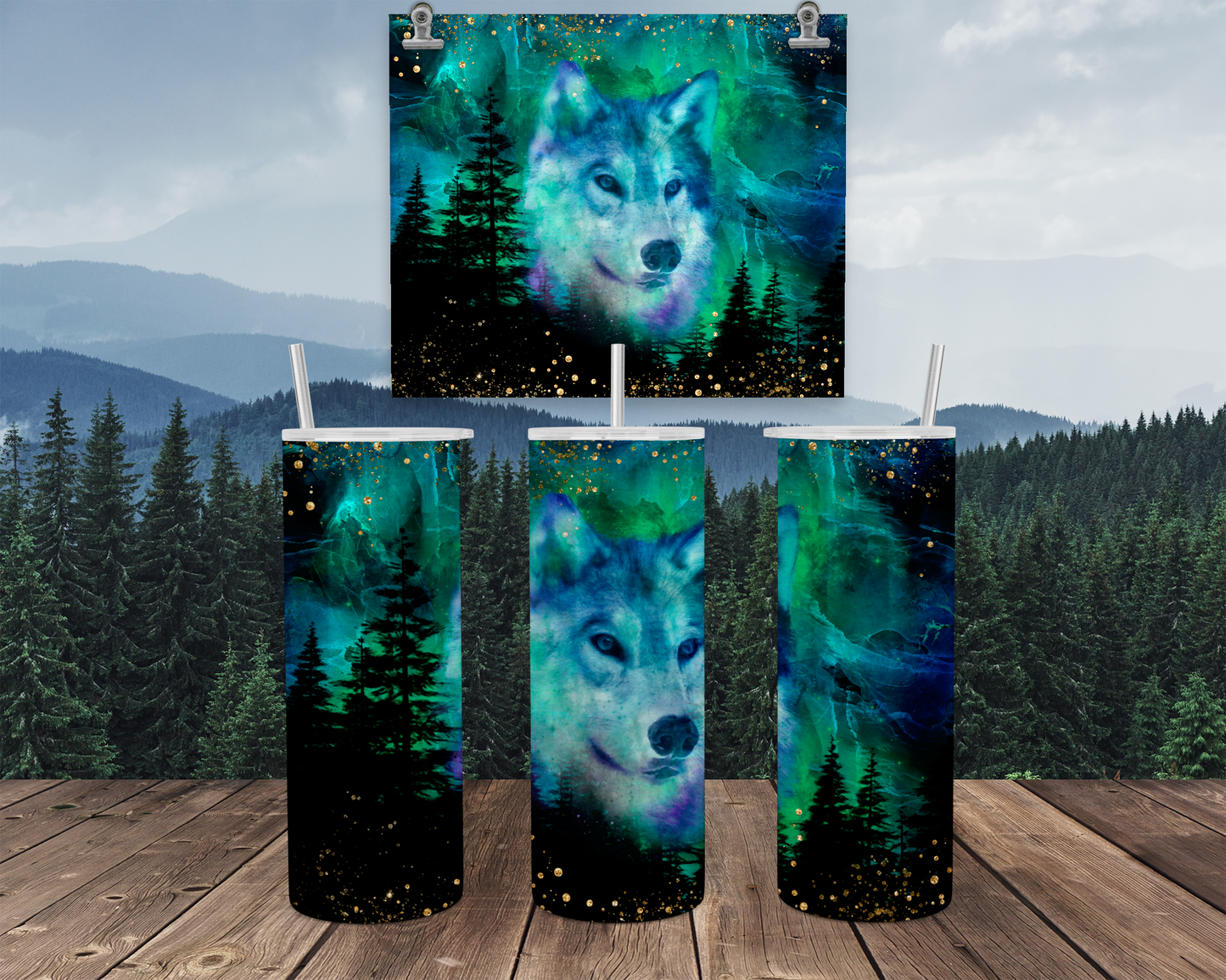 Wolf 20oz Travel Tumbler with Lid Straw - Aurora Borealis Design Perfect Outdoor Gift for Women