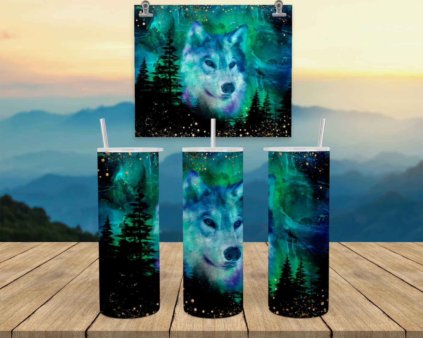 Wolf 20oz Travel Tumbler with Lid Straw - Aurora Borealis Design Perfect Outdoor Gift for Women