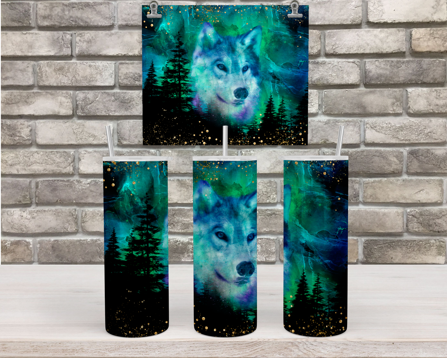 Wolf 20oz Travel Tumbler with Lid Straw - Aurora Borealis Design Perfect Outdoor Gift for Women