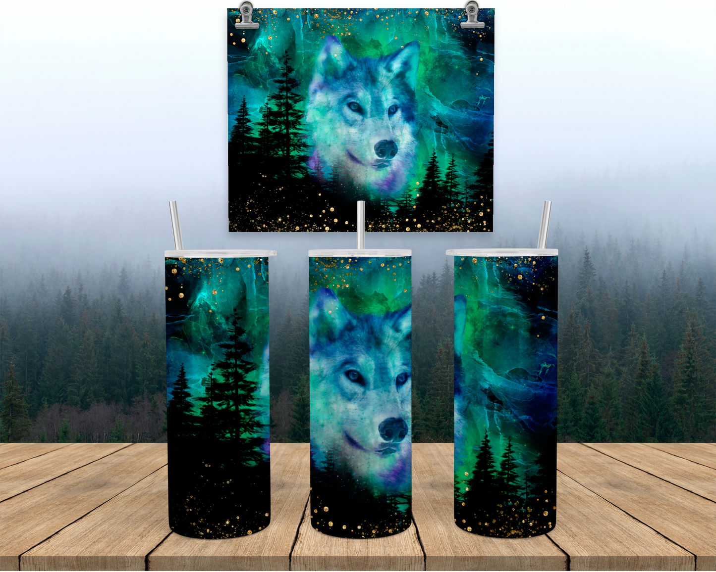 Wolf 20oz Travel Tumbler with Lid Straw - Aurora Borealis Design Perfect Outdoor Gift for Women