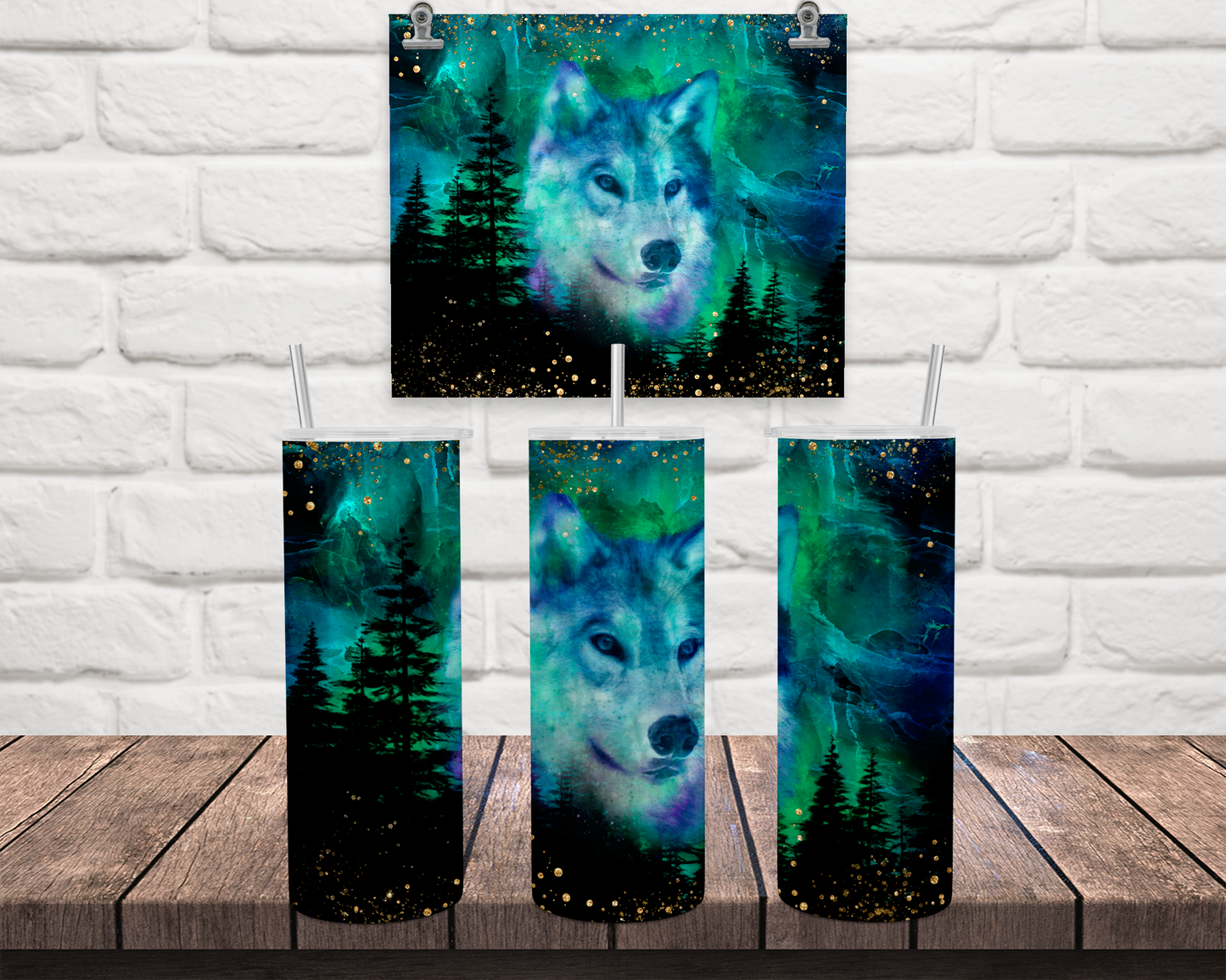 Wolf 20oz Travel Tumbler with Lid Straw - Aurora Borealis Design Perfect Outdoor Gift for Women