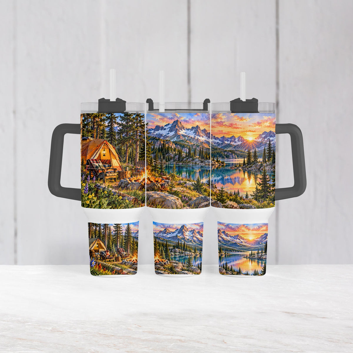 Mountain Camping Tumbler, 40 Oz Handle, Campfire Lake Sunset Gift