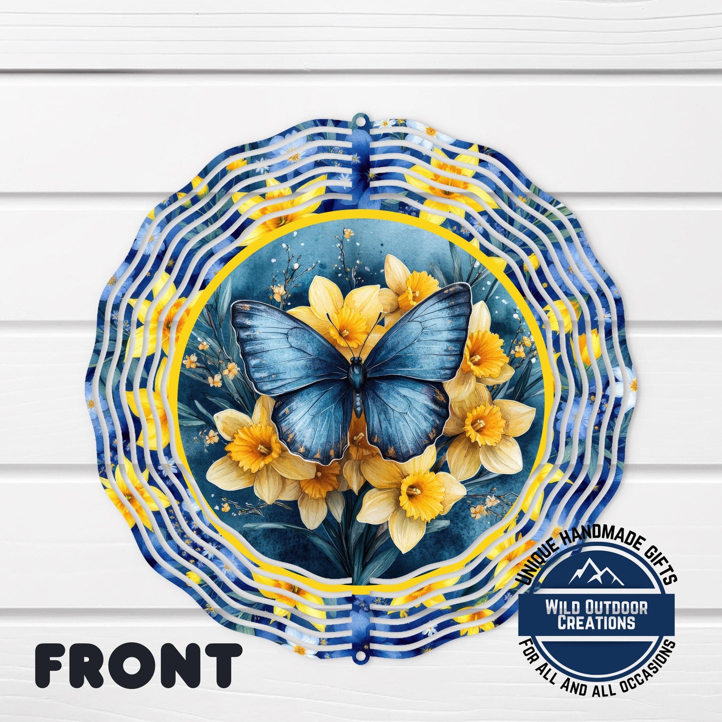Daffodil Wind Spinner – Blue Butterfly Garden Decor, 10-Inch Aluminum Outdoor - shown spinning in outdoor garden setting