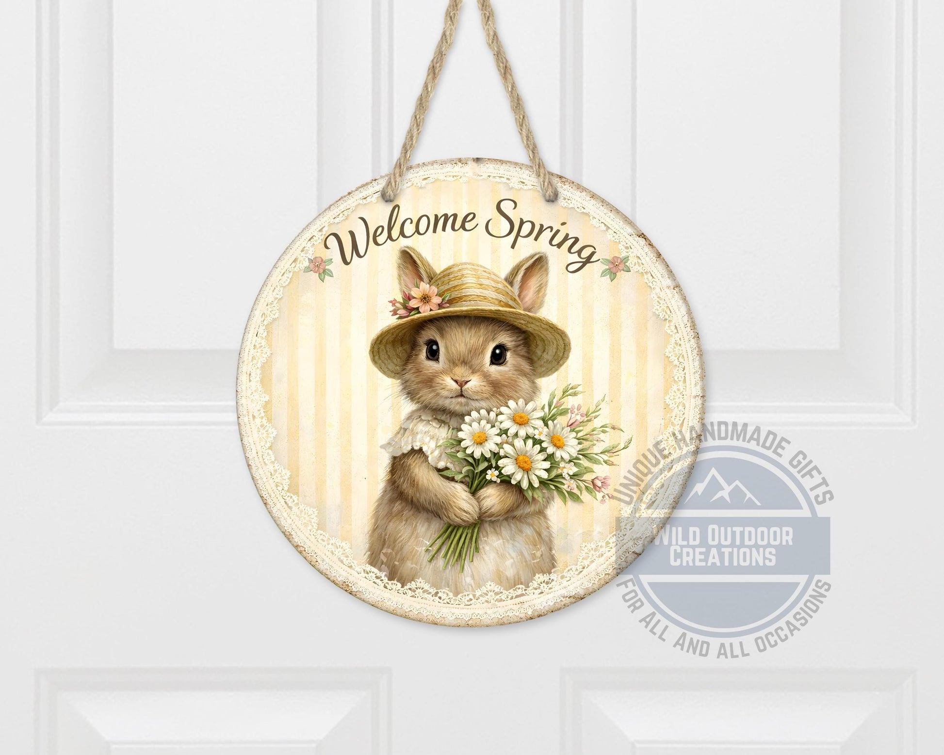 Spring Bunny Door Hanger – Floral Rabbit Wreath with Daisy Bouquet Sign - packaging and presentation