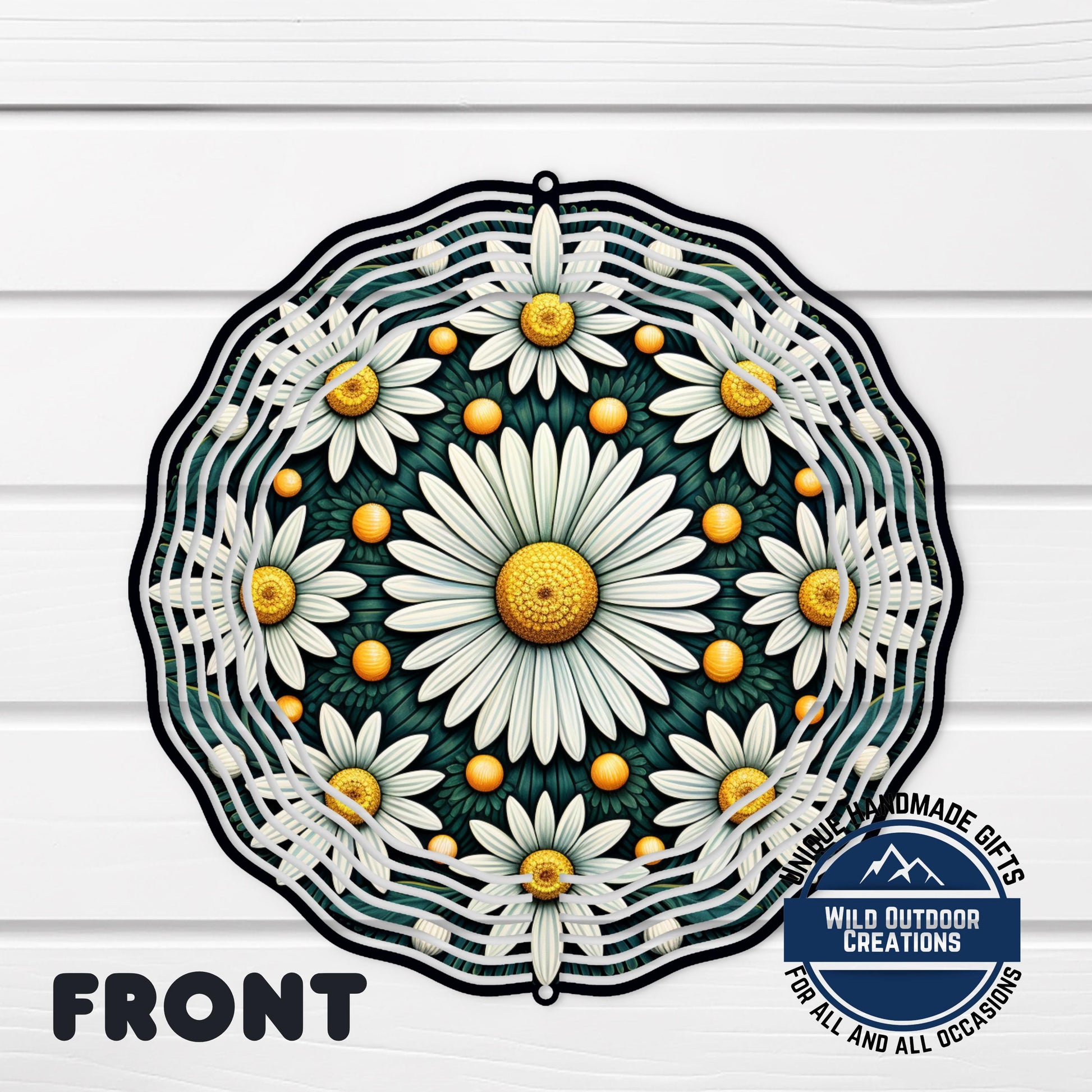White Daisy Wind Spinner – 10 Inch Double Sided Aluminum Garden Decor - shown spinning in outdoor garden setting