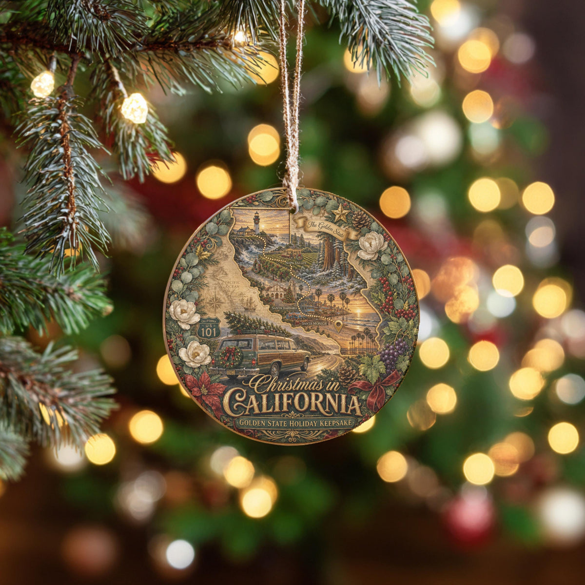 California Christmas Ornament, Vintage Wagon Ceramic Keepsake