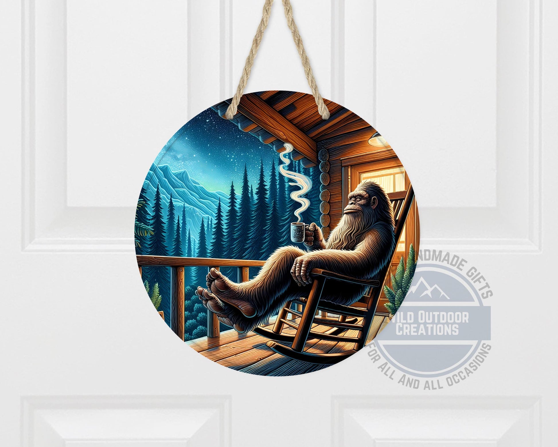 Bigfoot Porch Decor – Sasquatch Door Hanger | Rustic Cabin Wall Art, Weather Resistant Sign - scale and size reference