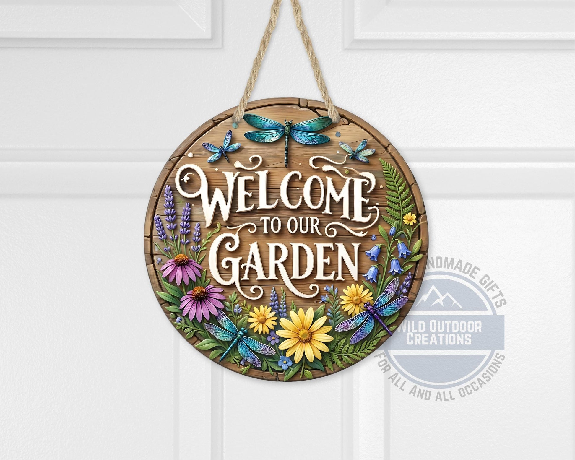 Welcome Garden Sign – Round Garden Door Hanger with Dragonfly & Rustic Decor - alternate view