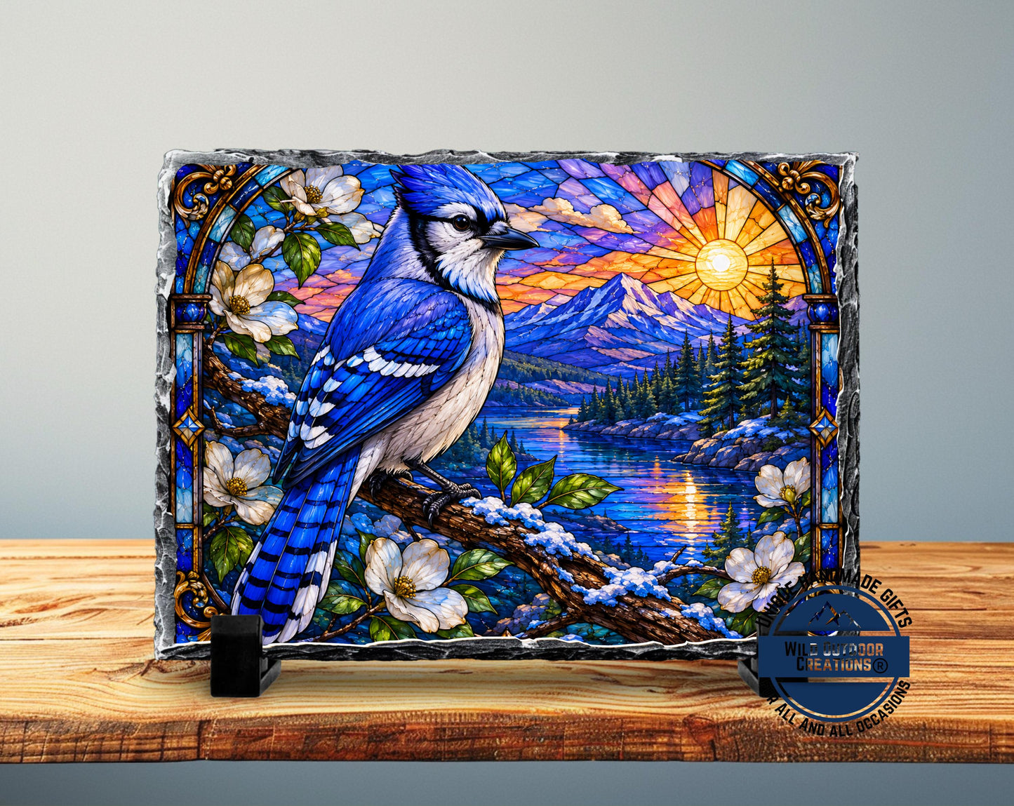 Blue Jay Faux Stained Glass Slate Plaque, Mountain Lake Sunset Bird Decor, Birder Gift