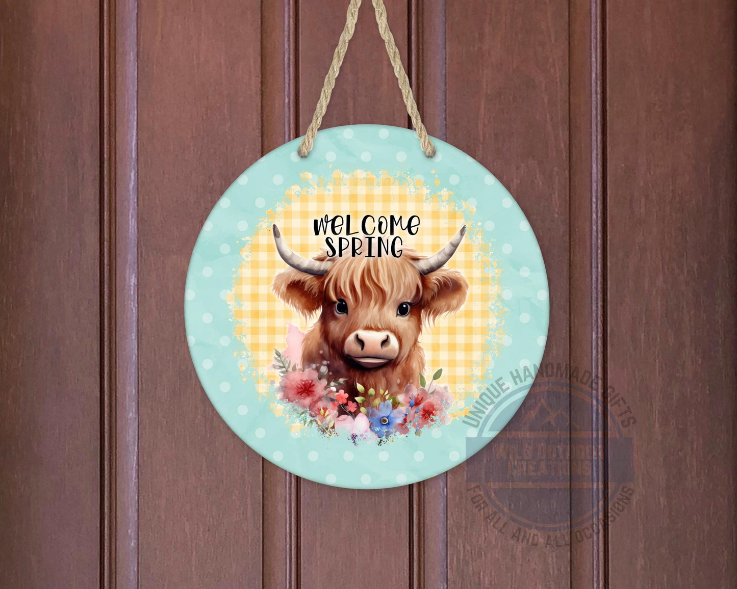 Welcome Spring Sign - Highland Cow Decor | Round Aluminum Front Porch Sign - detail view