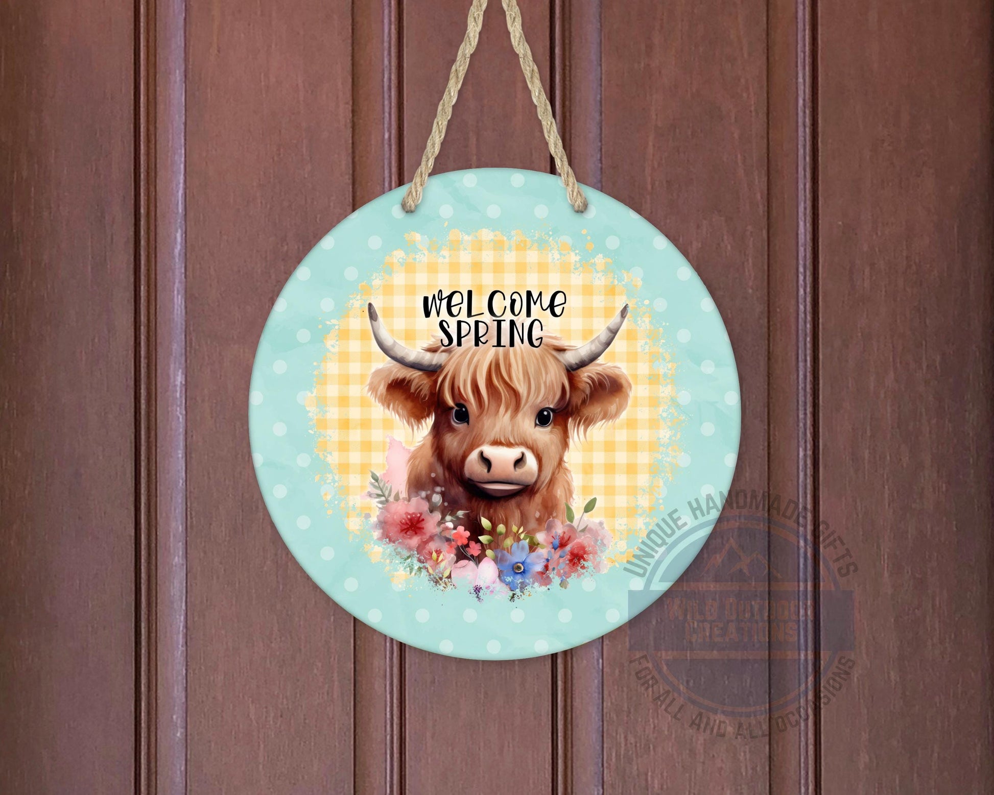 Welcome Spring Sign - Highland Cow Decor | Round Aluminum Front Porch Sign - detail view