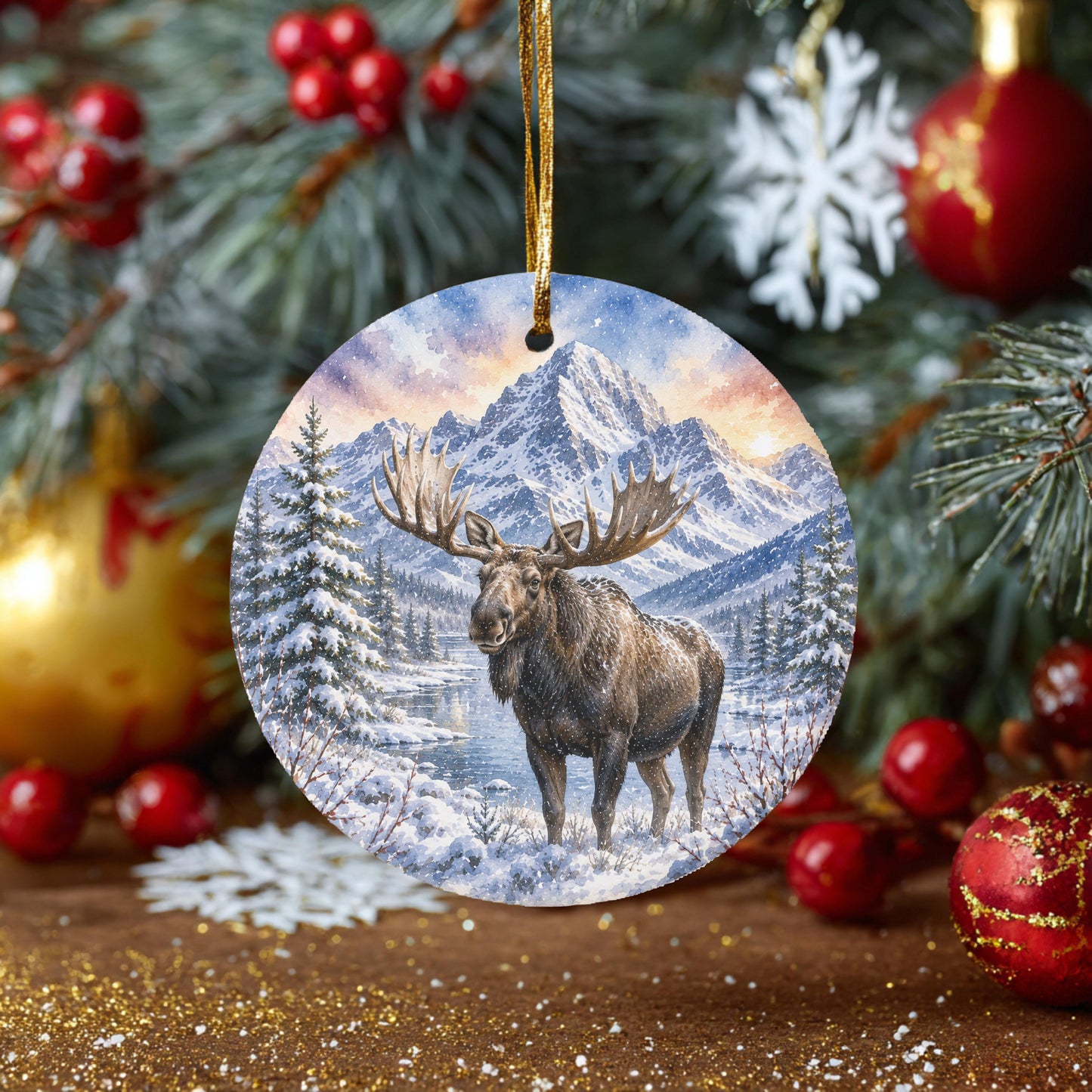 A circular ornament featuring a moose standing in a snowy mountain landscape, surrounded by pine trees and red berries, with a snowy mountain in the background.