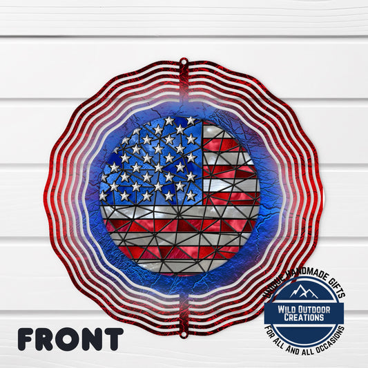 a patriotic design with a circular motif resembling the American flag, surrounded by red and white striped elements.