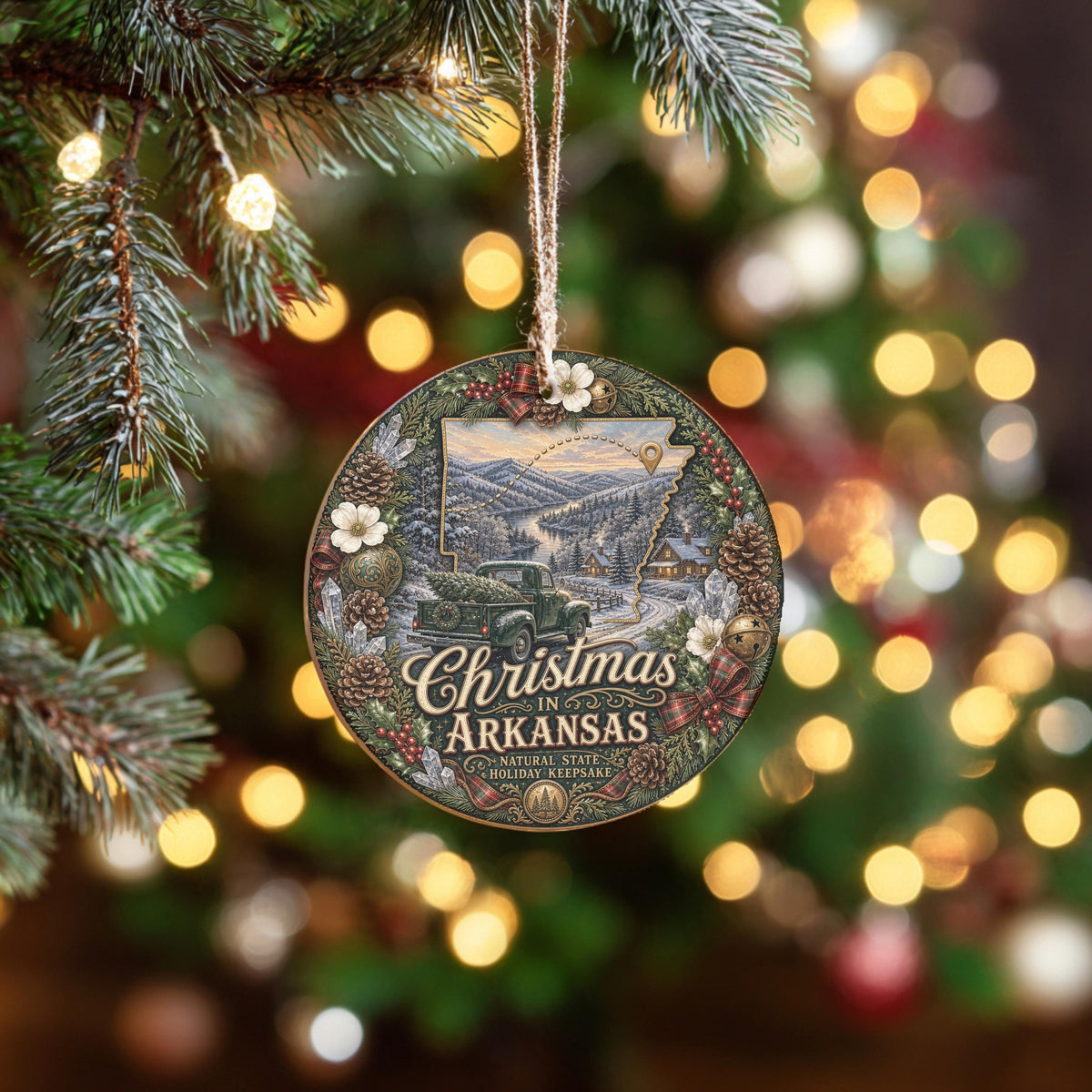 Arkansas Christmas Ornament, Vintage Truck River Ceramic Keepsake