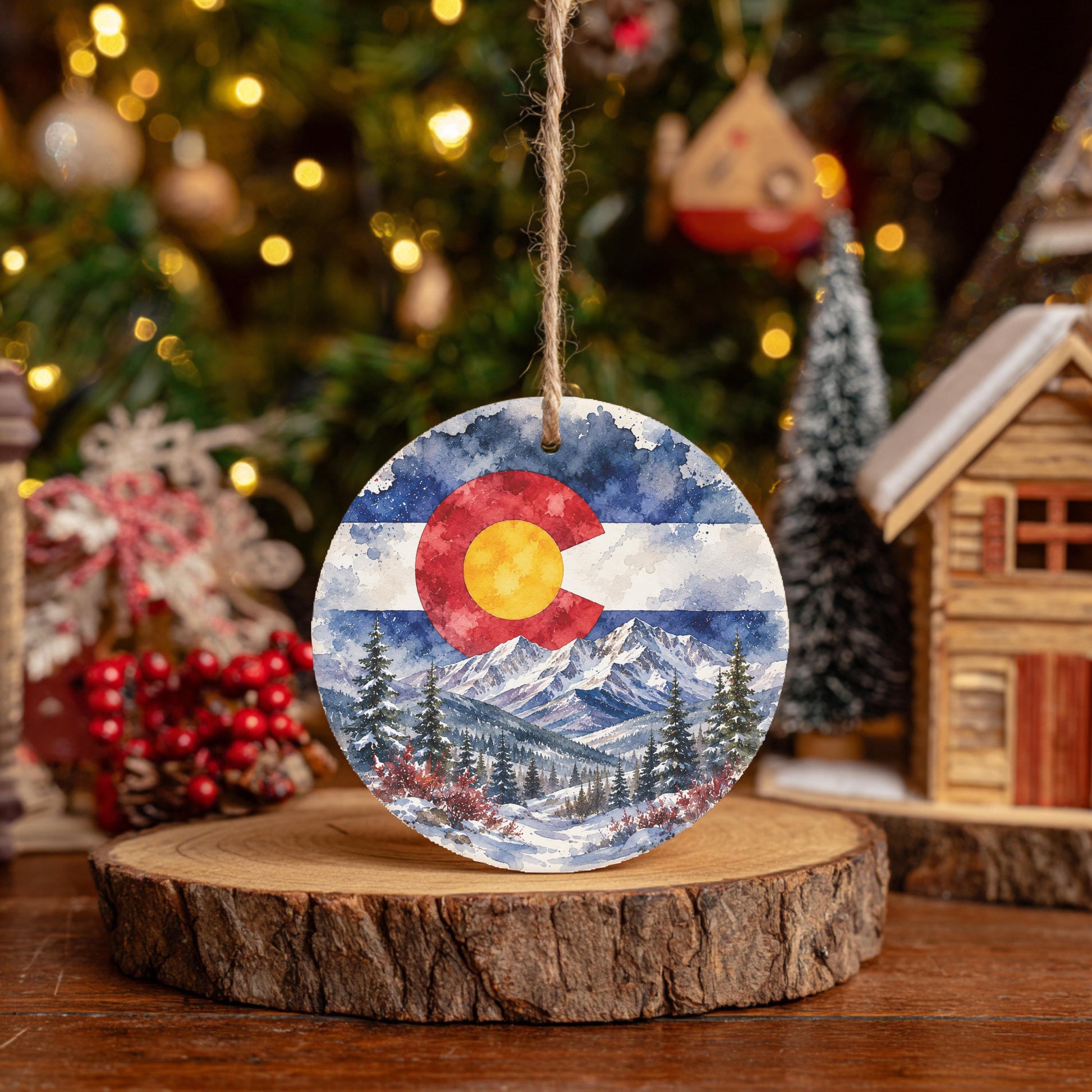 A round ornament featuring a watercolor painting of a mountain landscape with a Colorado flag in the center, hanging on a wooden stand.