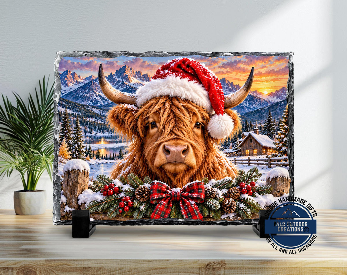 Highland Cow Christmas Slate Plaque, Rustic Farmhouse Holiday Decor, Cow Lover Gift