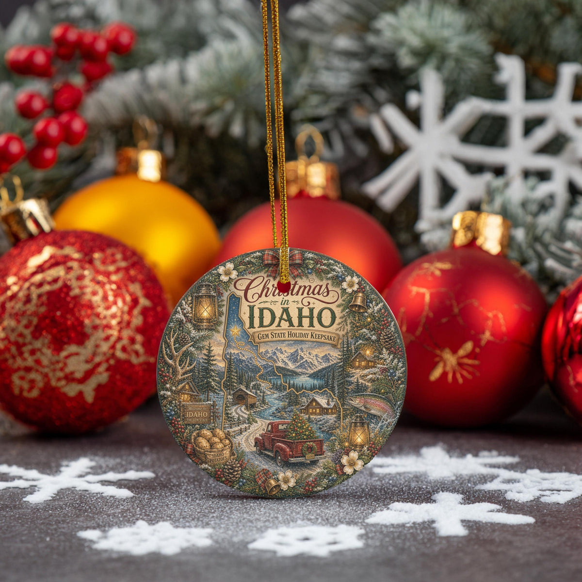 Idaho Ornament, Vintage Truck Ceramic Keepsake, Snowy Cabin Gift