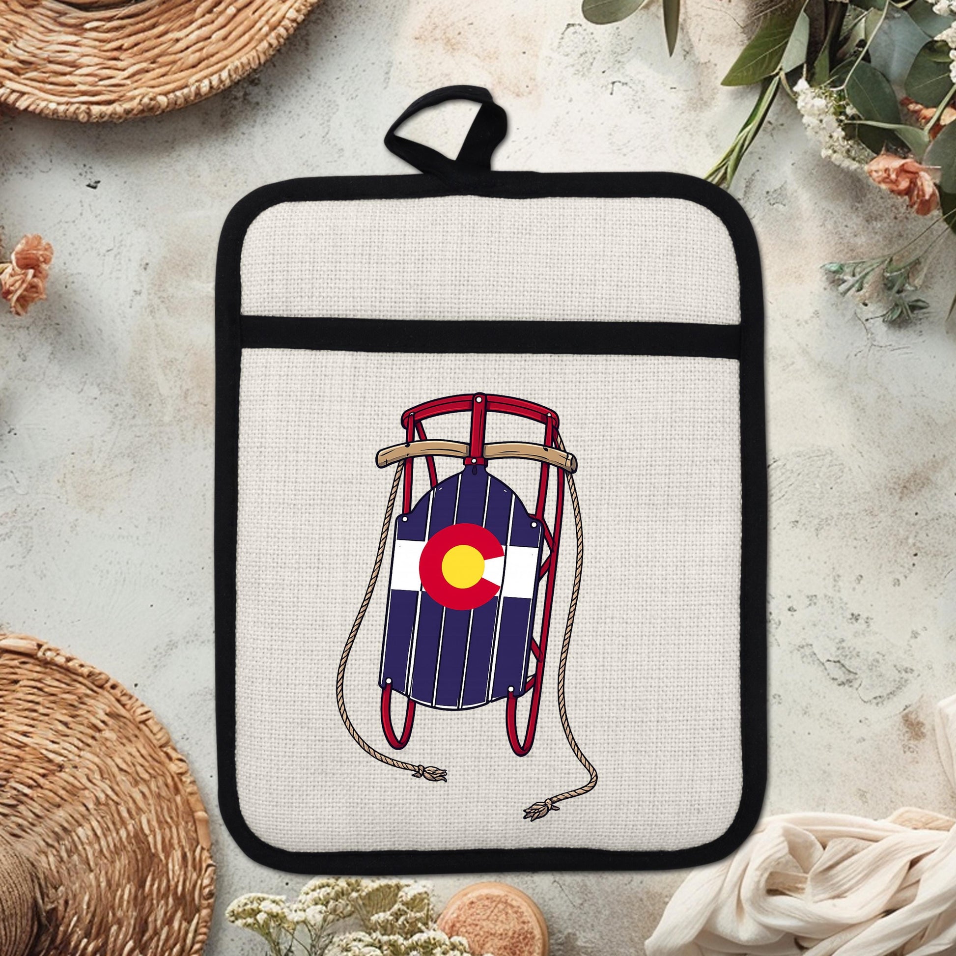 Colorado Sled Pot Holder - Linen Pot Holder with Silicone Back Trivet, Heat Resistant Oven Mitt - product dimensions and s...