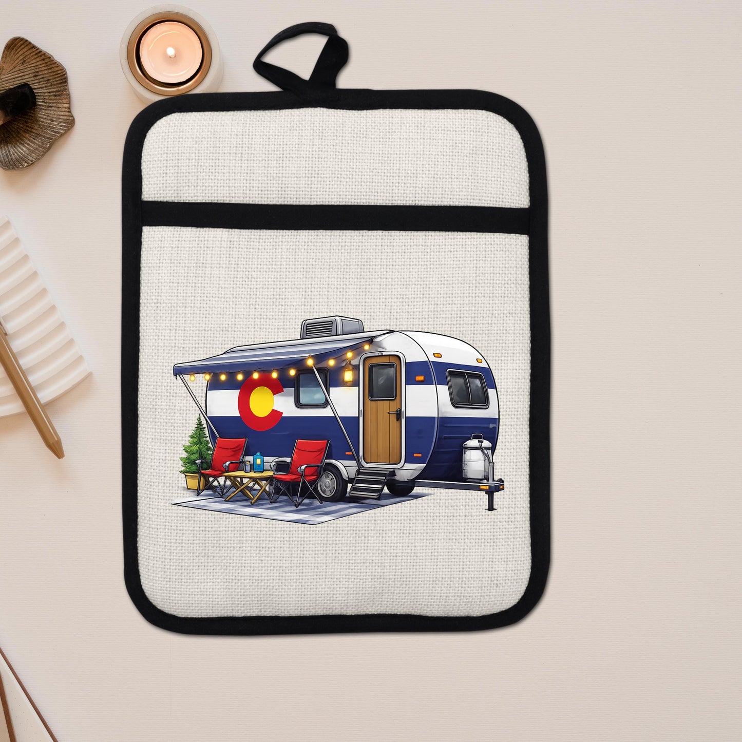 Colorado Camper Pot Holder - Linen Fabric, Silicone Heat Trivet With Loop - additional product photo 13