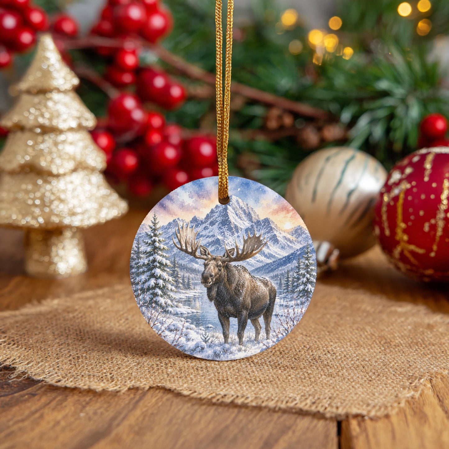 A circular ornament featuring a moose standing in a snowy landscape, surrounded by Christmas decorations and ornaments.