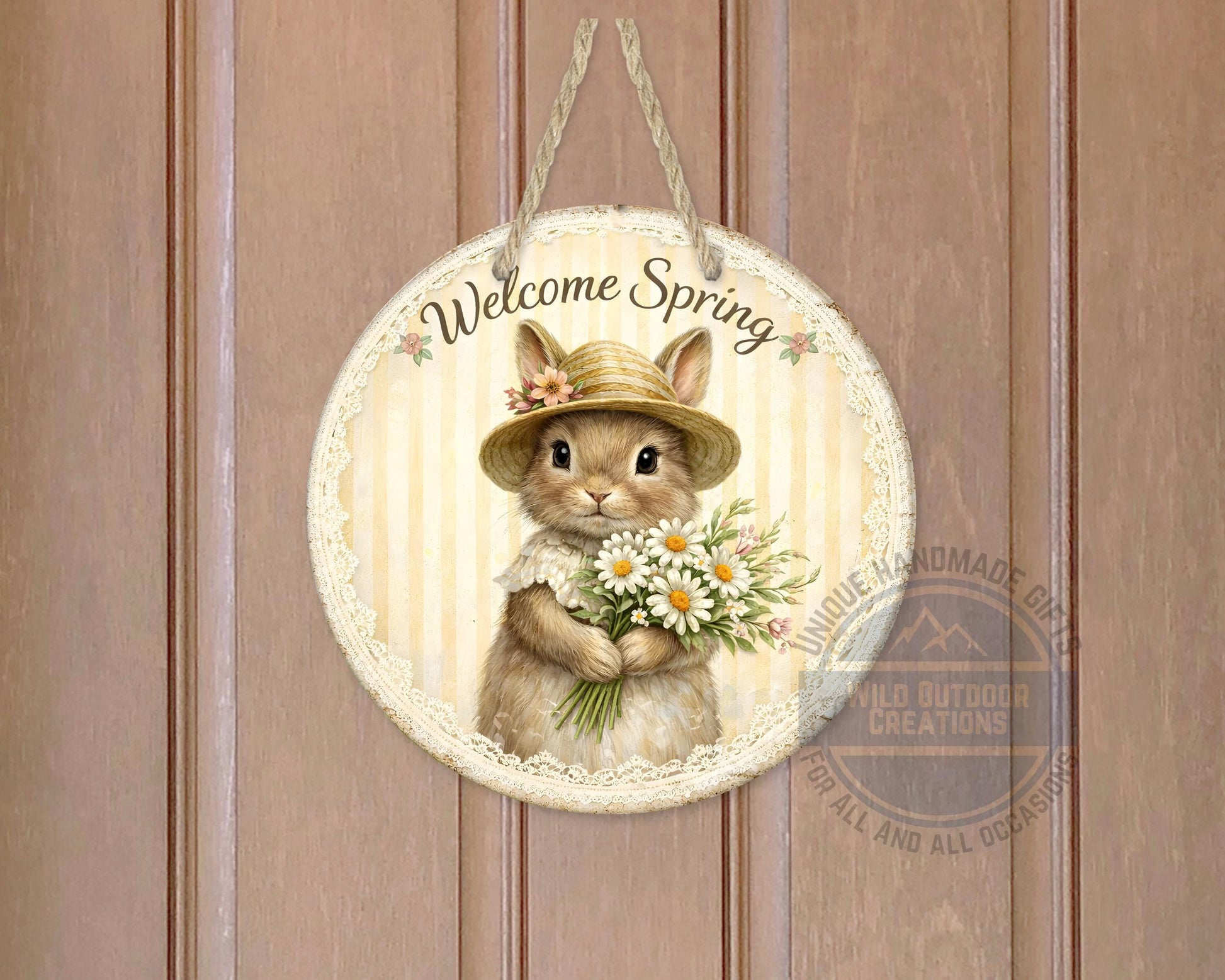 Spring Bunny Door Hanger – Floral Rabbit Wreath with Daisy Bouquet Sign - product dimensions and specifications