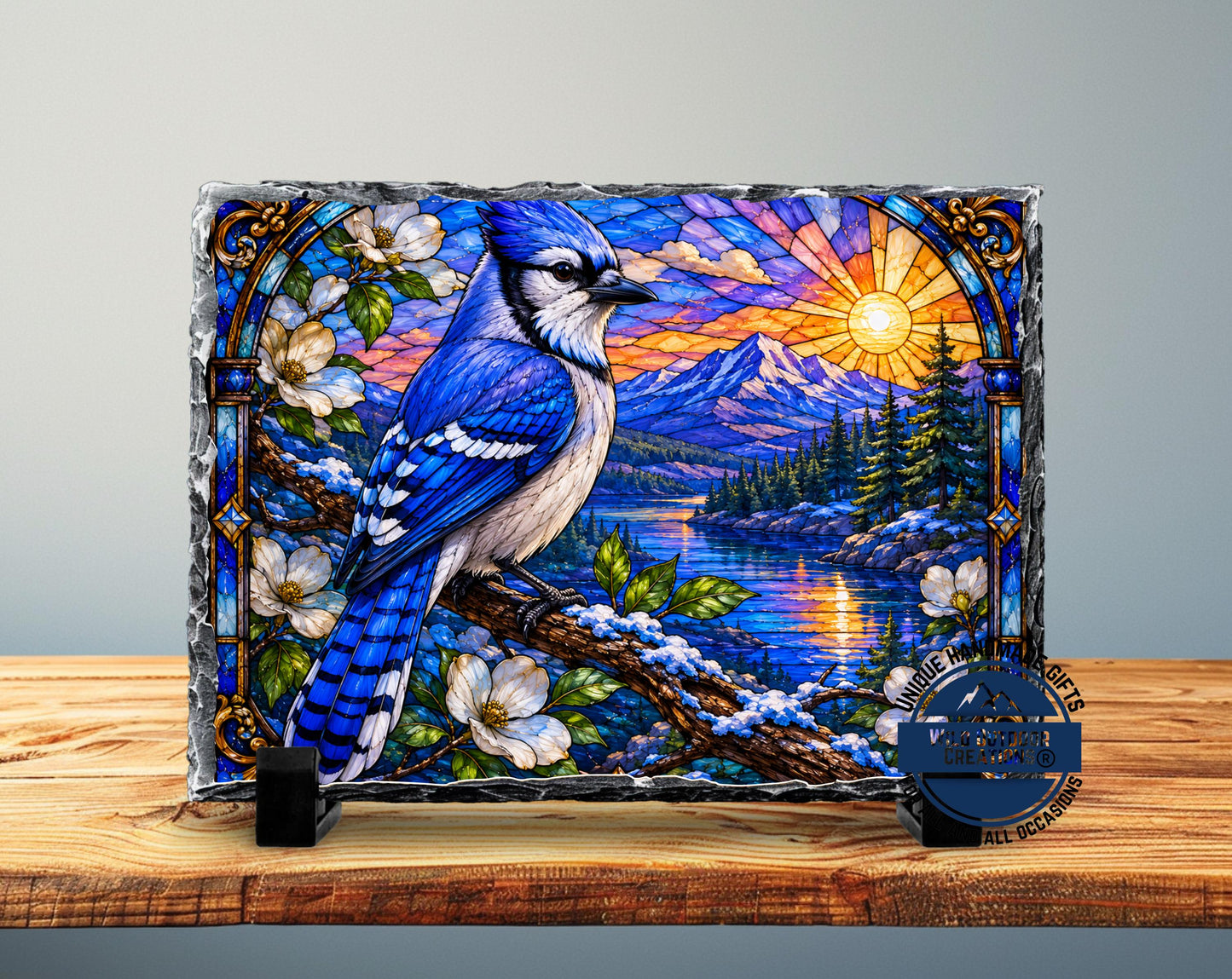 Blue Jay Faux Stained Glass Slate Plaque, Mountain Lake Sunset Bird Decor, Birder Gift